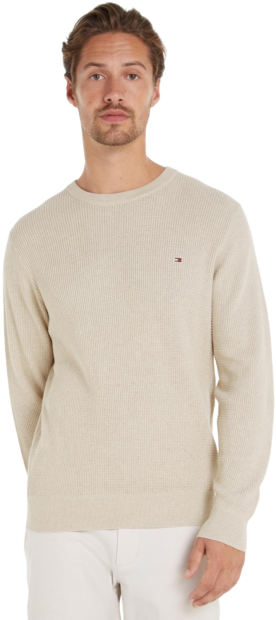 Tommy Hilfiger Men's Crew Neck Knitted Jumper, Beige (Heathered Oatmilk), XS