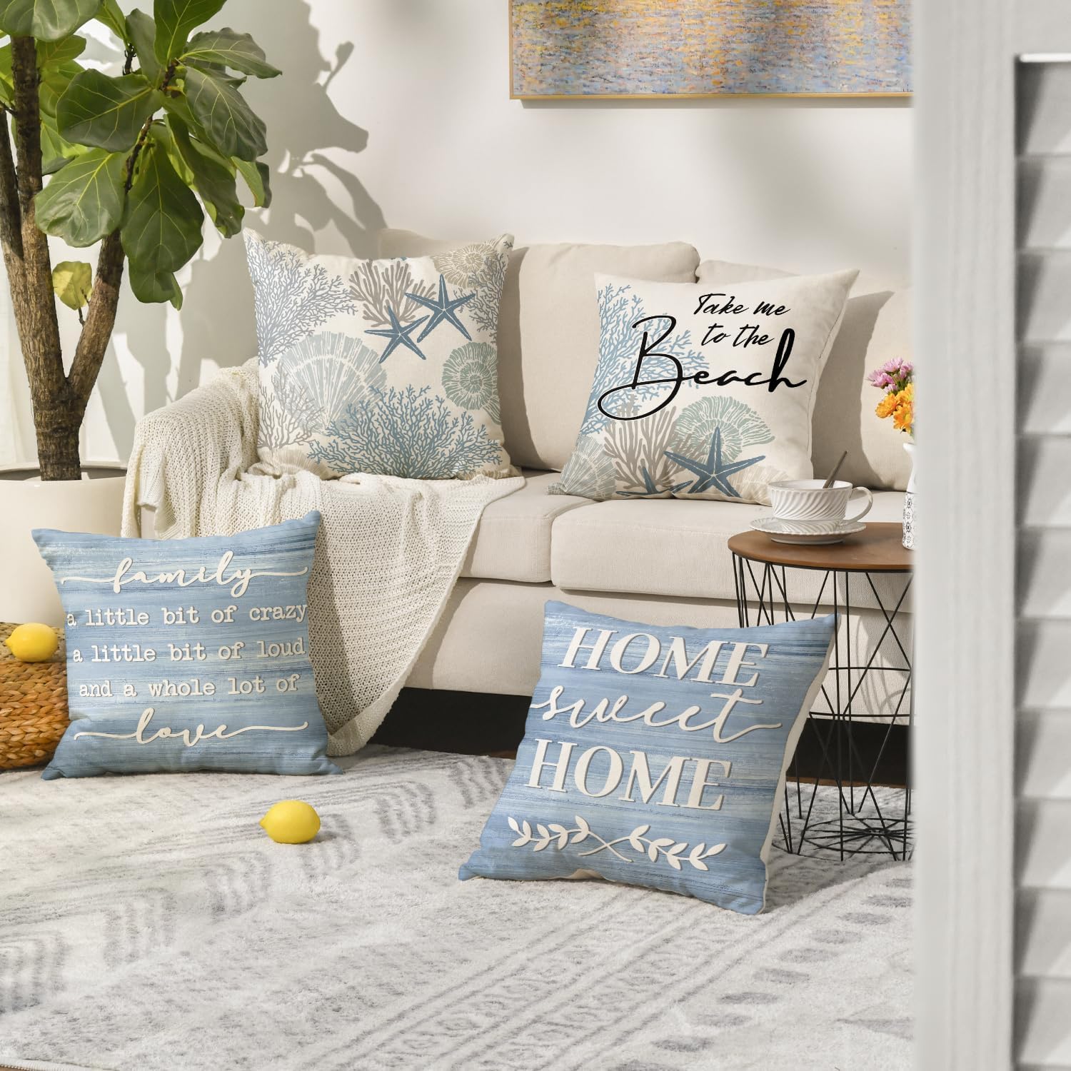 AVOIN colorlife Summer Take Me to The Beach Coral Starfish Throw Pillow Covers, 18 x 18 Inch Home Sweet Home Motto Blue Cushion Case for Sofa Couch Set of 4 - Image 2