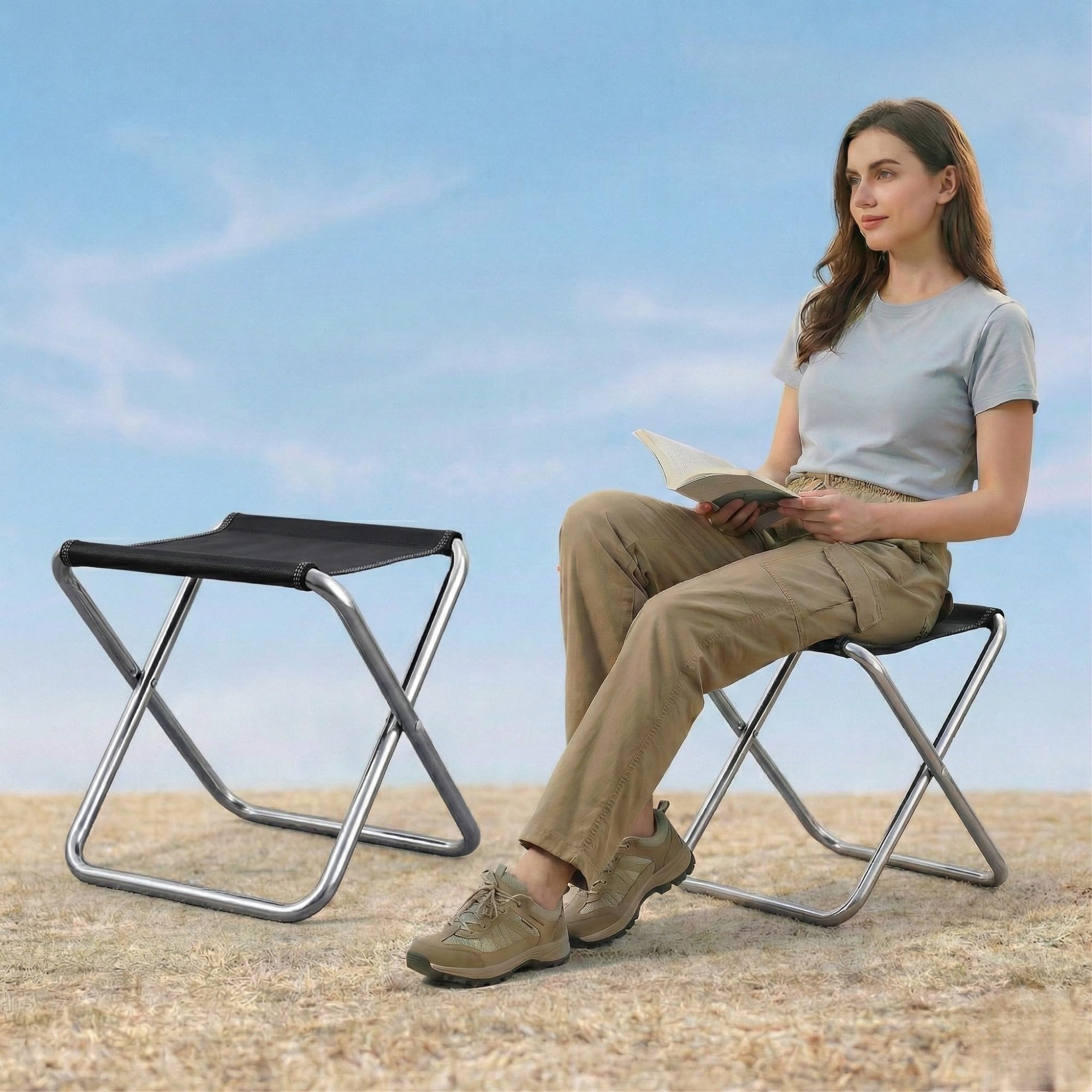 Kraptick Semi-Folding Camping Stool – Heavy Duty Thickened Carbon Steel Tubing, Thickened Seat Surface, Lightweight Portable Outdoor Chair for Fishing, Hiking, Travel, Beach & Picnic (Sliver)-image-28