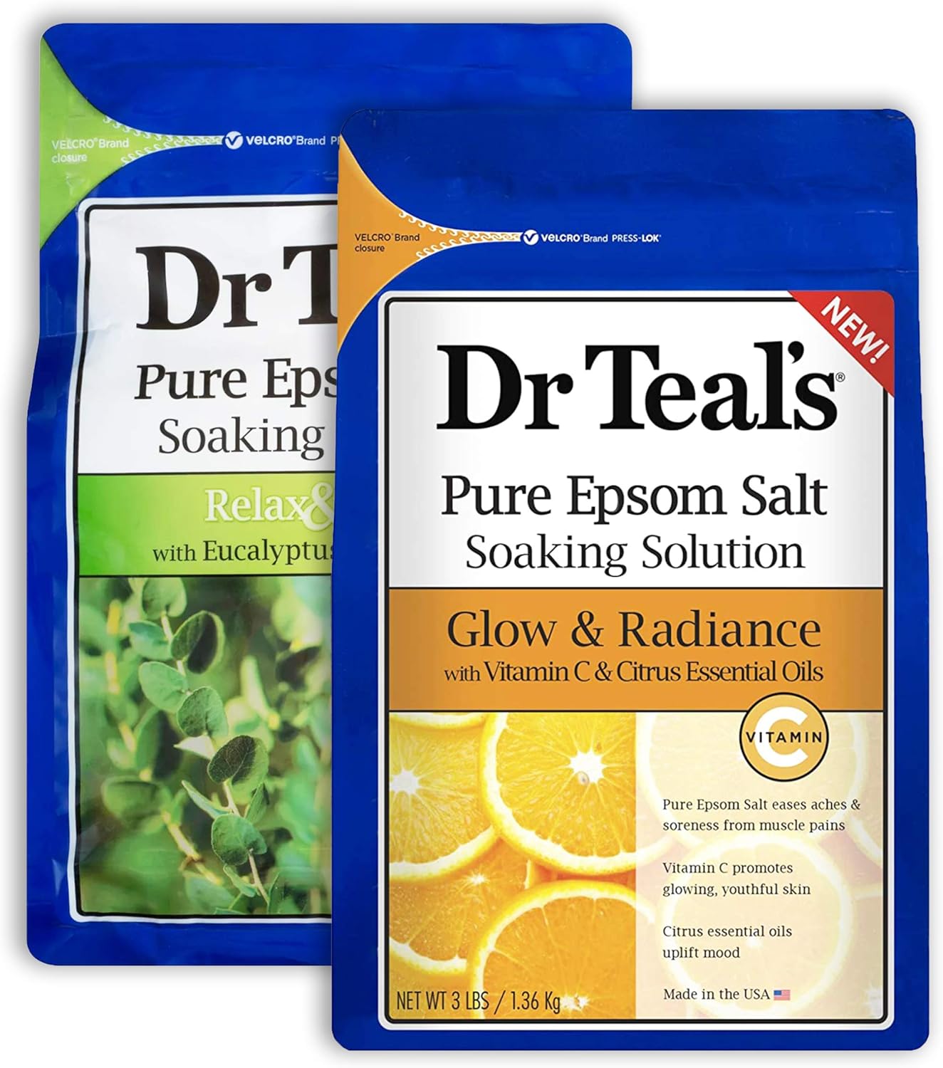 Dr Teal’s Pure Epsom Salt Bath Variety Gift Set (2 Pack, 3lb Ea.) – Relax & Relief Eucalyptus & Spearmint, Glow & Radiance Vitamin C & Citrus – Essential Oils Soothe The Mind, Alleviated Daily Stress
