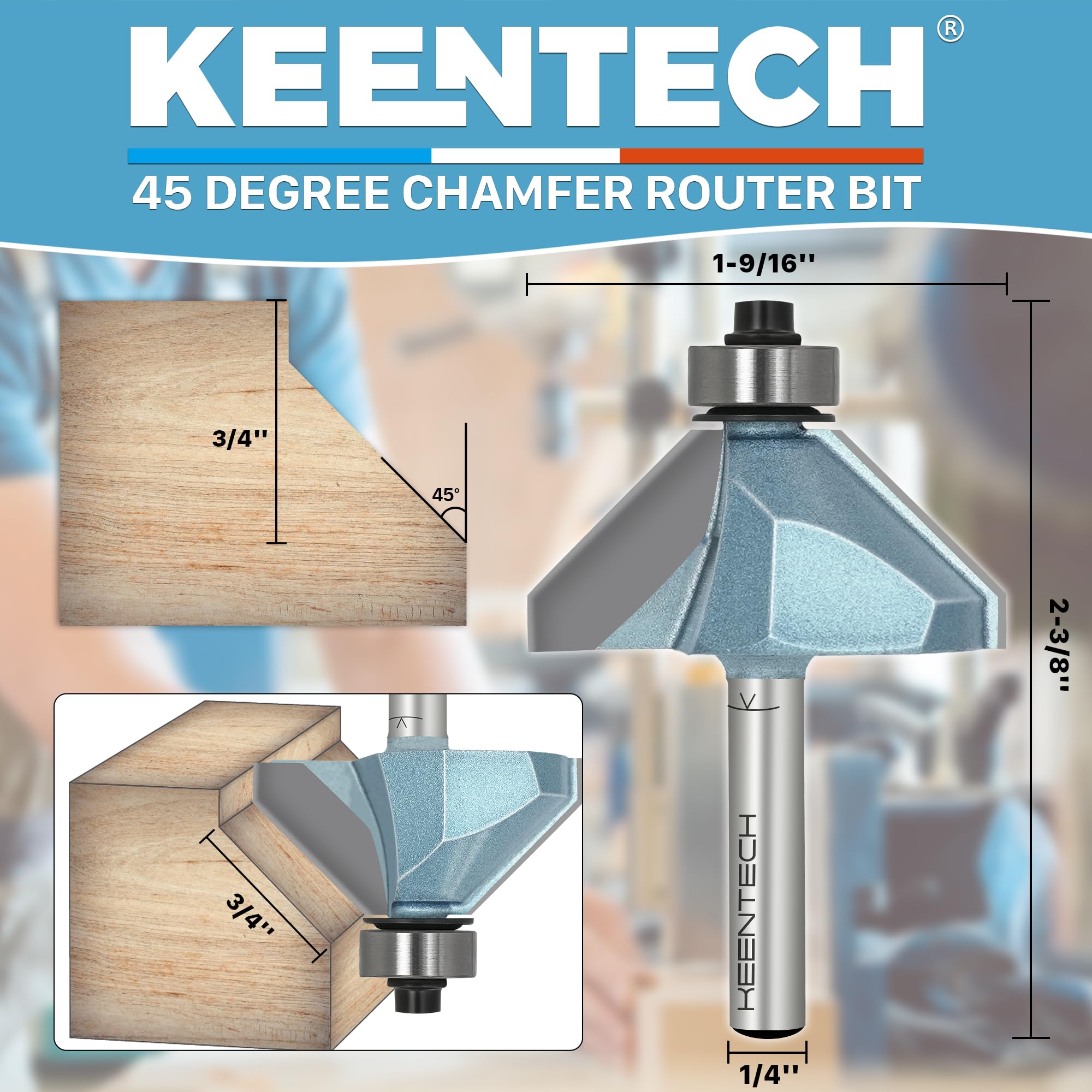 KEENTECH Broca de chaflán de 45 grados con vástago de 1/4", longitud de bisel de 3/4" (KT02031204)
