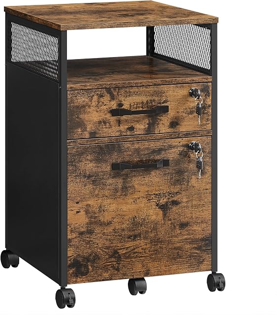 VASAGLE Filing Cabinet, Office File Cabinet with 2 Lockable Drawers, Castors, Open Shelf, for Hanging File Folders, Steel Frame, Industrial Style, Rustic Brown and Black OFC077B01