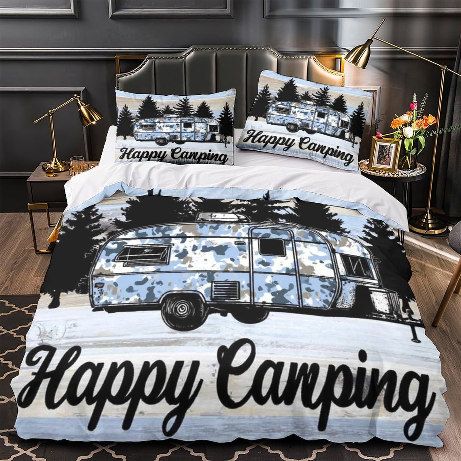 Parure de lit camping-car rétro 140x200 microfibre avec housse de couette 3D pour lit simple enfant