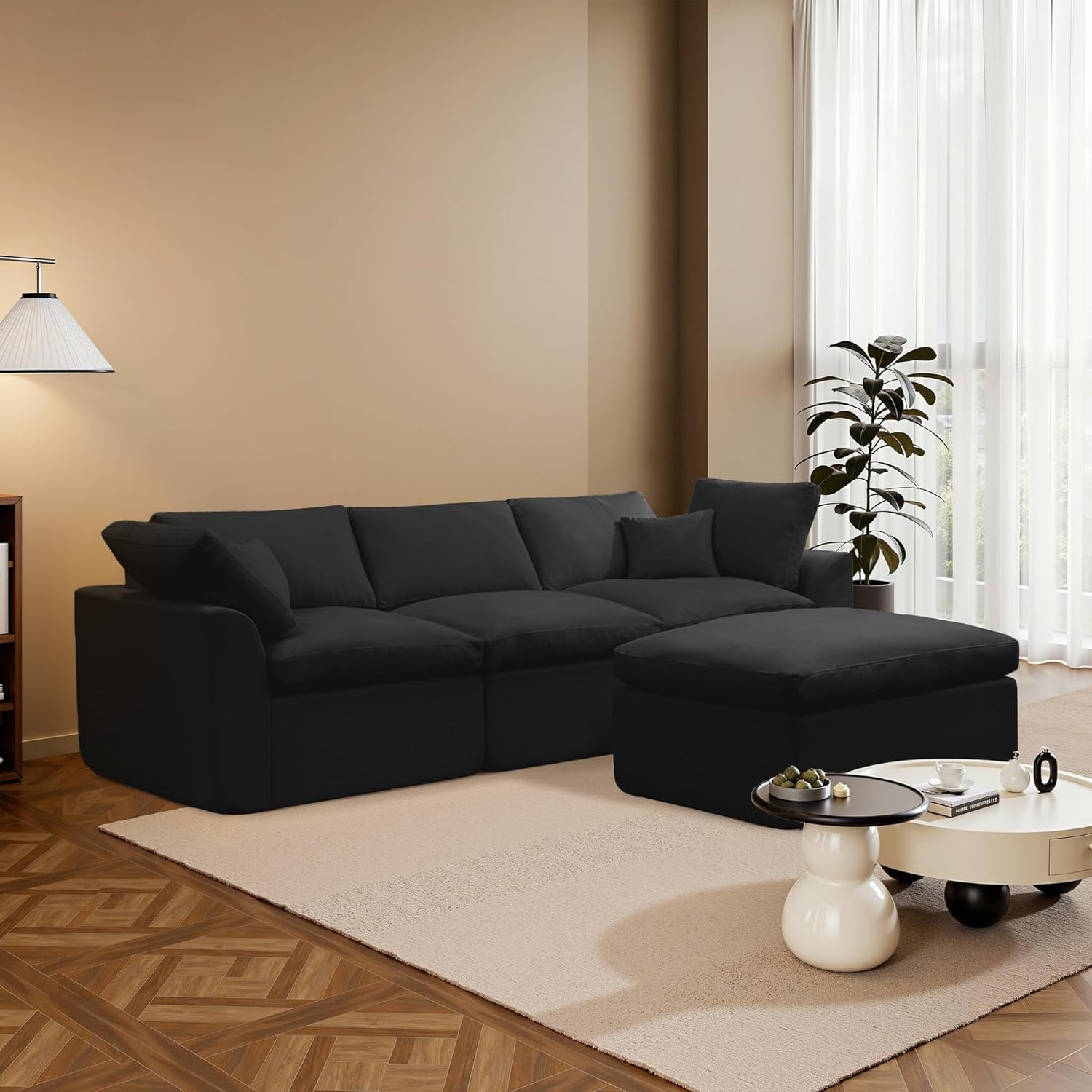Korser 112" Cloud Sectional Couches for Living Room, Modern Modular Sectional Sofa with Ottoman, Boneless Cloud Couch with Comfy Deep Seats, Fluffy Chenille L-Shape Sofa Couch for Living Room, Black