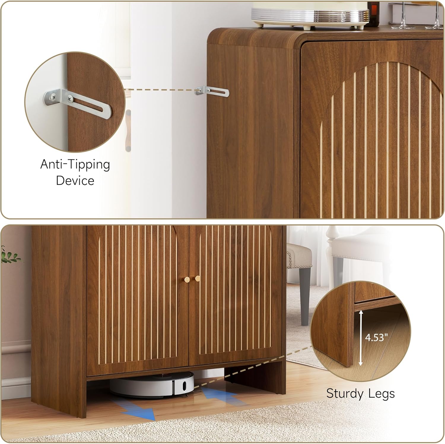 Mid-Century 31.5" Buffet Cabinet, Arched Striped Pattern Storage Cabinet with Door, Farmhouse Sideboard for Livng Room, Kitchen, Coffee Coner (2 Doors, Walnut) - Image 5