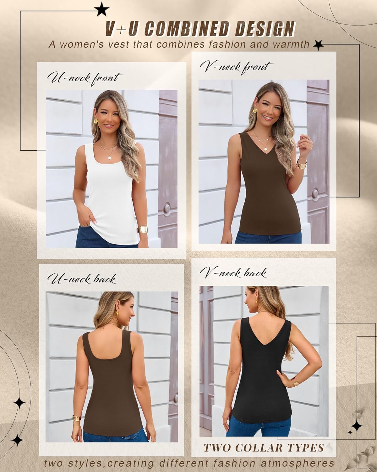 3 Pcs Women's Thermal Tank Tops Fleece Lined Sleeveless Underwear Vest Reversible U/v Neck Warm Base Layer Camisole - Image 3