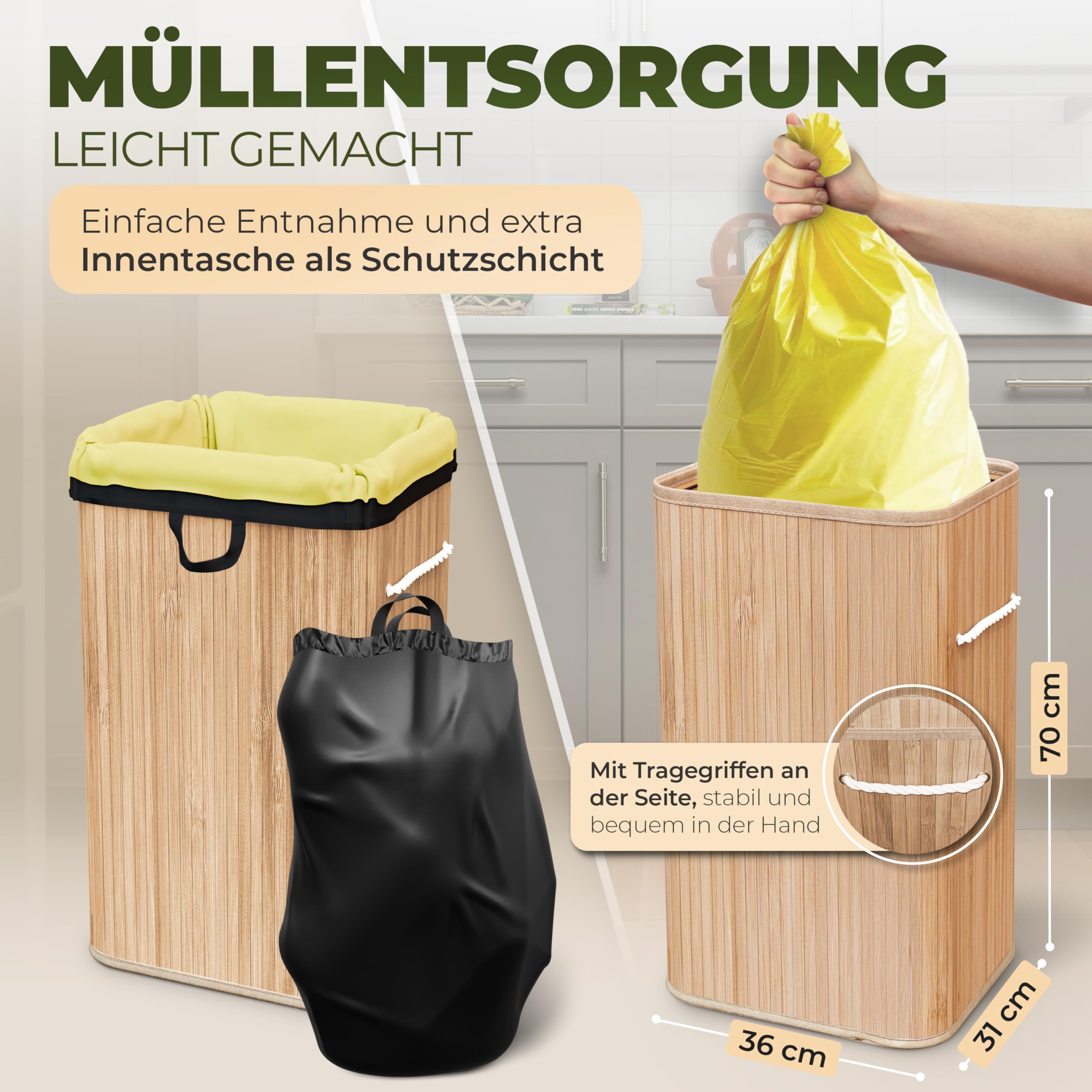 COTTARA® gelber Sack Ständer Mülleimer mit Deckel Müllsackständer für Gelbe Säcke aus Bambus inkl. waschbare Innentasche, 60-120L Müllsystem Behälter für Recycling doppelt verstärkter Halt