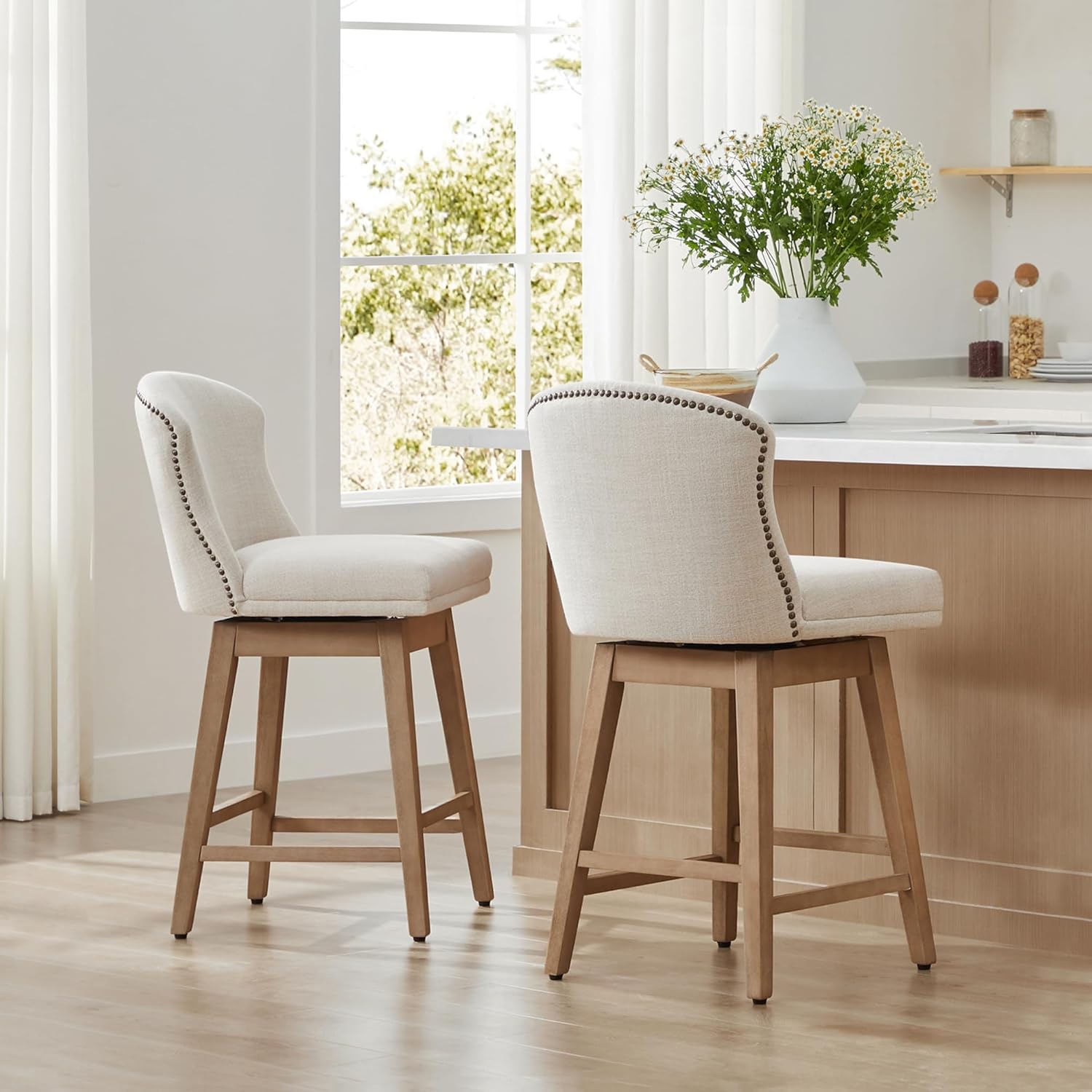 CHITA Counter Height Swivel Barstools, FSC Certified Upholstered Performance Fabric Bar Stools Set of 2, 26" Seat Height, Linen