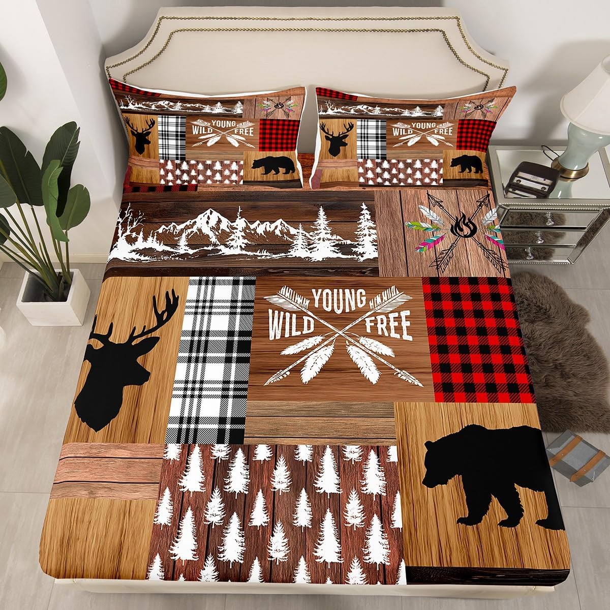 Retro Cabin Fitted Sheet 4Pcs, Rustic Adventure Bear Deer Bed Sheets Hunting Wildlife Wild Animal Sheet Set Plaid Lodge Farmhouse Top Sheet Western Country Bedding Set + 2 Pillow Cases, Queen Size