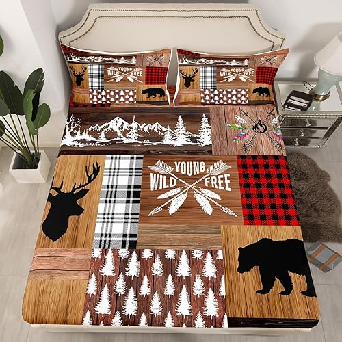 Miniatura 4 de Juego de sábanas bajeras retro de cabaña, 4 piezas, diseño rústico de aventuras, oso y ciervo, caza y vida silvestre, animales salvajes, juego de