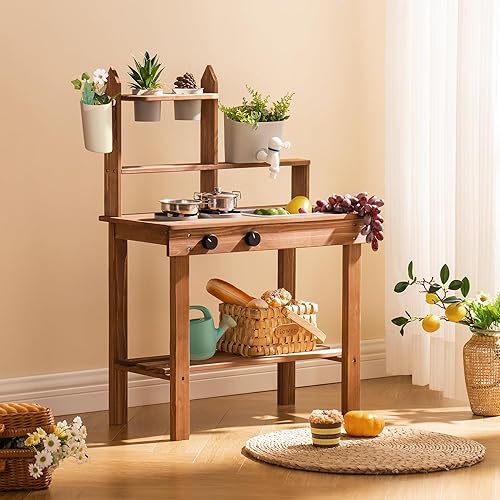 Miniatura 9 de ROBOTIME Cocina de barro para niños al aire libre, cocina de madera al aire libre con fregadero, grifo, estufa y accesorios de cocina, divertido
