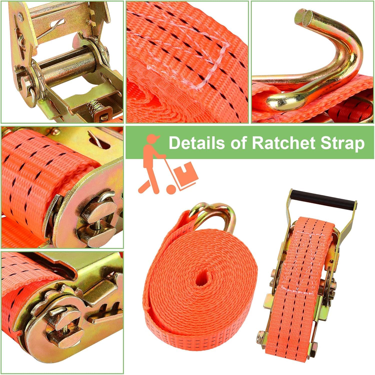 4 Jeux de 6M×38MM Sangle d'arrimage à Cliquet, Sangle a Cliquet avec Crochet en Polyester, Sangles de Serrage avec Tendeur à Cliquet pour Remorque, Moto, Voiture Orange