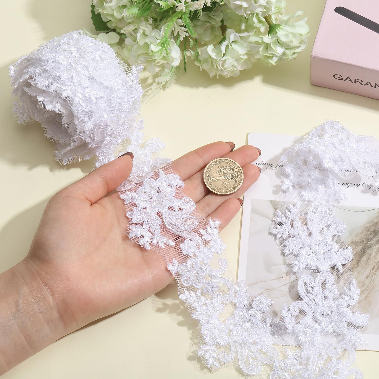 beinkmake 3 Yards Beaded Lace Trim Embroidery Flower Lace Appliques Floral Trim Sequin Lace Ribbon for Art Craft DIY Sewing Clothes Wedding Dresses