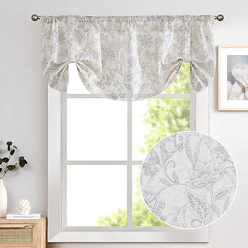 Miniatura 26 de Lazzzy Cenefa de cocina para ventanas, con aislamiento térmico, cortina opaca con estampado floral, lino sintético, cenefa de cortina para cocina