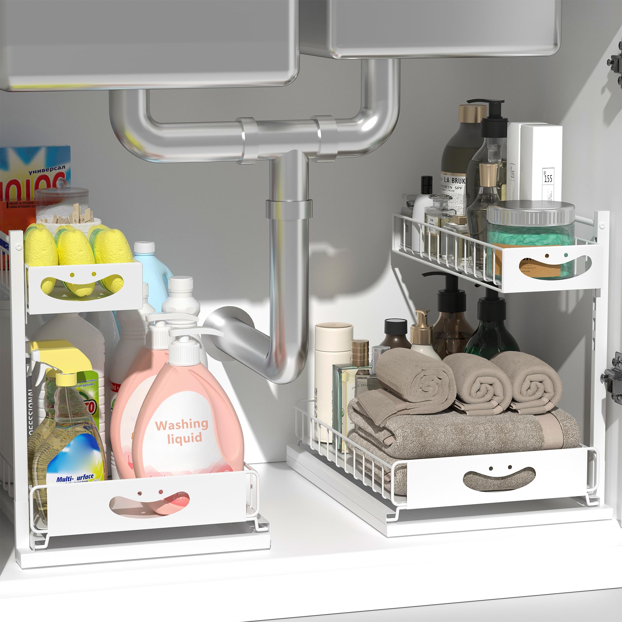 Organizzatore sotto il lavandino a 2 livelli, organizer estraibile in altezza regolabile, organizer per bagno e stoccaggio, organizer per armadietti, organizer per mobili da bagno, bianco