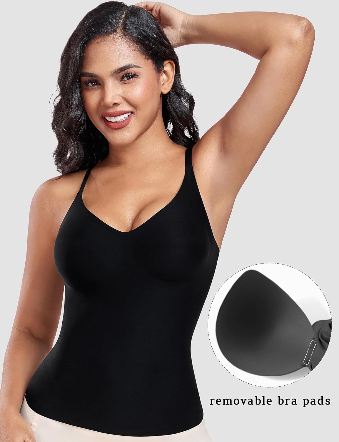 V-Neck Seamless Camisoles Tank Tops with Built in Bra for Women Summer Spaghetti Straps Tankini Camis - Image 3