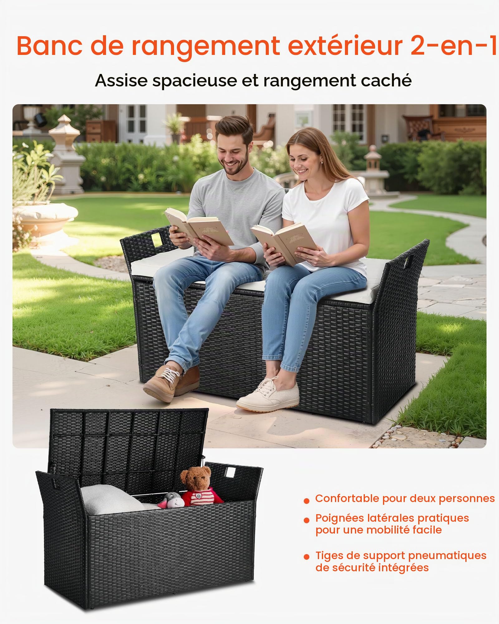 VEVOR Banc de Rangement Extérieur en Rotin Synthétique Coffre de Jardin 340 L Banc de Terrasse avec Coussin, Capacité Charge 362,9 kg, Poignée Latérale, Siège d'Extérieur pour Patio, Jardin, Balcon