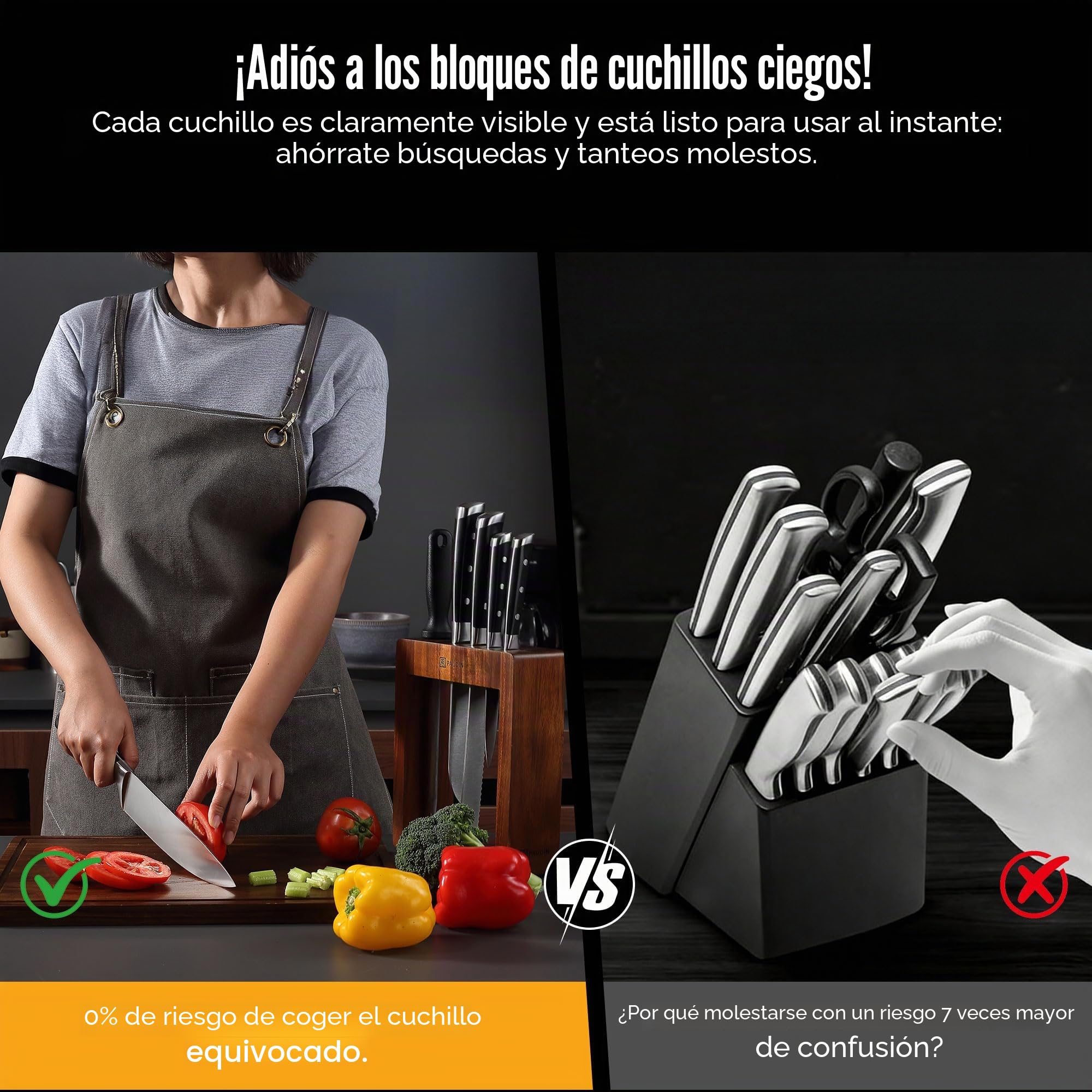 PAUDIN bloque de cuchillos con juego de cuchillos, juego de cuchillos de 7 piezas con bloque de cuchillos, juego de cuchillos de cocina con bloque de madera, juego de cuchillos de cocina profesional