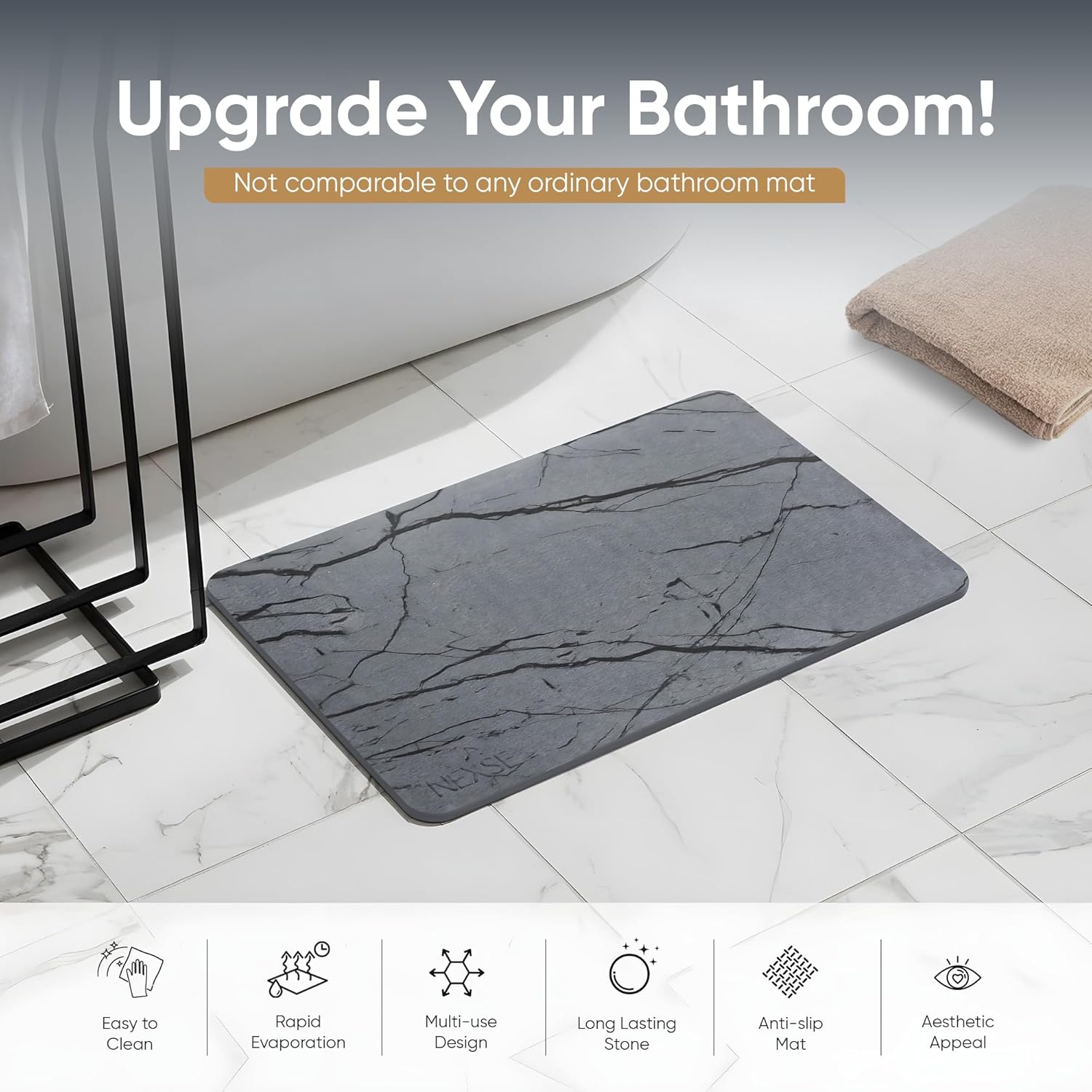 Extra Large Stone Bath Mat for Bathroom (32" x 20") | Non Slip Super Absorbent Quick Dry Diatomaceous Earth Bath Mat | XL Diatomite Stone Bath Shower Mat | Drying Mat for Kitchen Counter | Gray