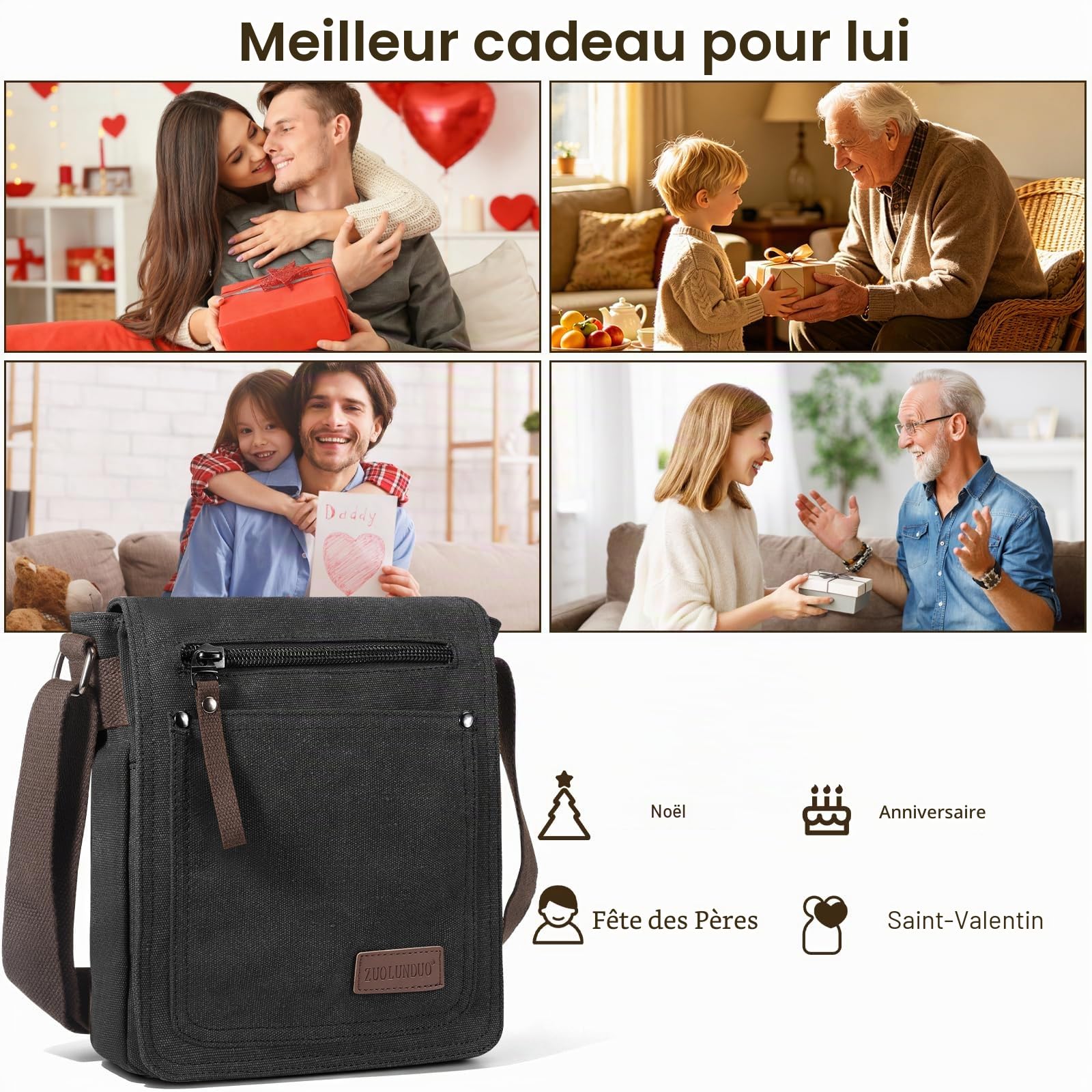 Sacoche Homme Bandouliere, Solide, Bon Design Toile Sac BandoulièRe Homme Poches Fermeture éClaire avec BandoulièRe RéGlable pour Usage Quotidien Voyage RandonnéE Multifonctionnel Men's Messenger Bag