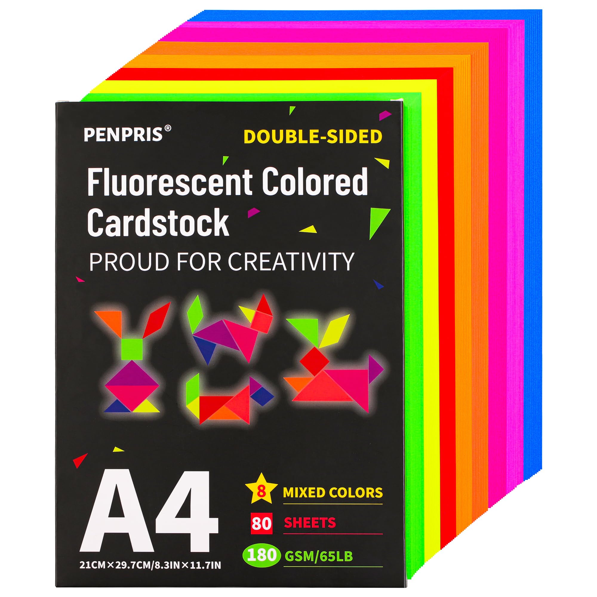 80 arkuszy tektury fluorescencyjnej, 8 kolorów, 65 funtów, papier konstrukcyjny, A4 | PENPRIS Papier do okładki z grubą dwustronną kartą do drukarki, kart, zaproszeń, scrapbookingu PAC07