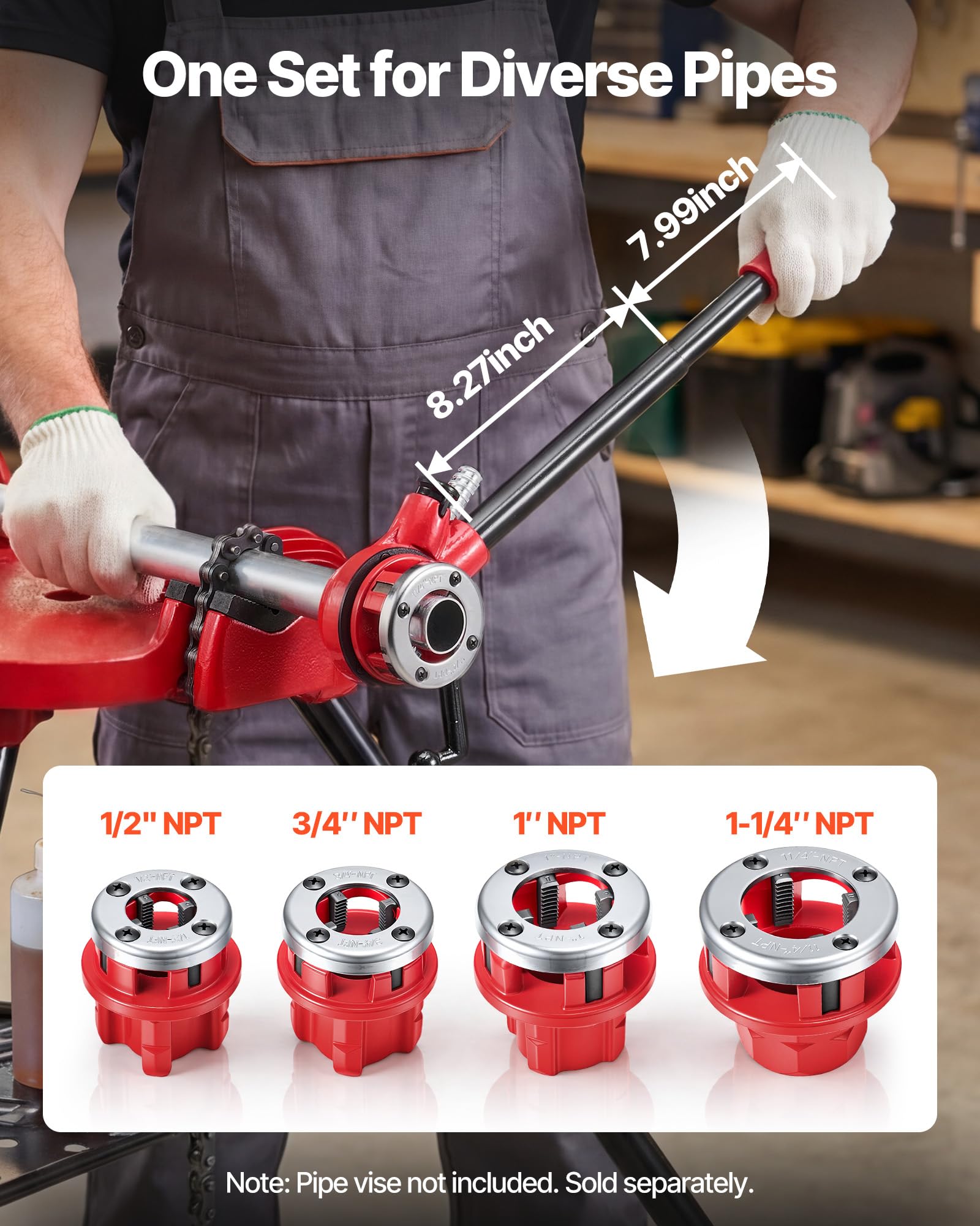 VEVOR Kit Filettatrice per Tubi a Cricchetto con 4 Filiere, 1/2", 3/4", 1", 1-1/4" NPT, Filettatrice Manuale per Tubi, Impugnatura Comoda, Valigetta Portatile per Installazione e Riparazione Idraulica