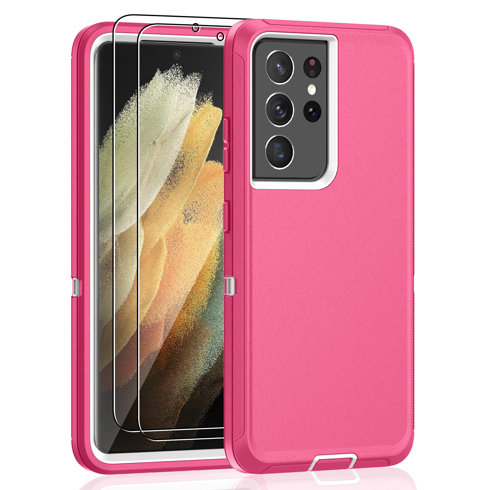 Jshru for Samsung Galaxy S21 Ultra Case with [2 Pack] HD Screen Protector, [Military-Grade] Shockproof Dust/Drop Proof 3-Layer Full Body Protection Heavy Duty Case for Galaxy S21 Ultra, Pink