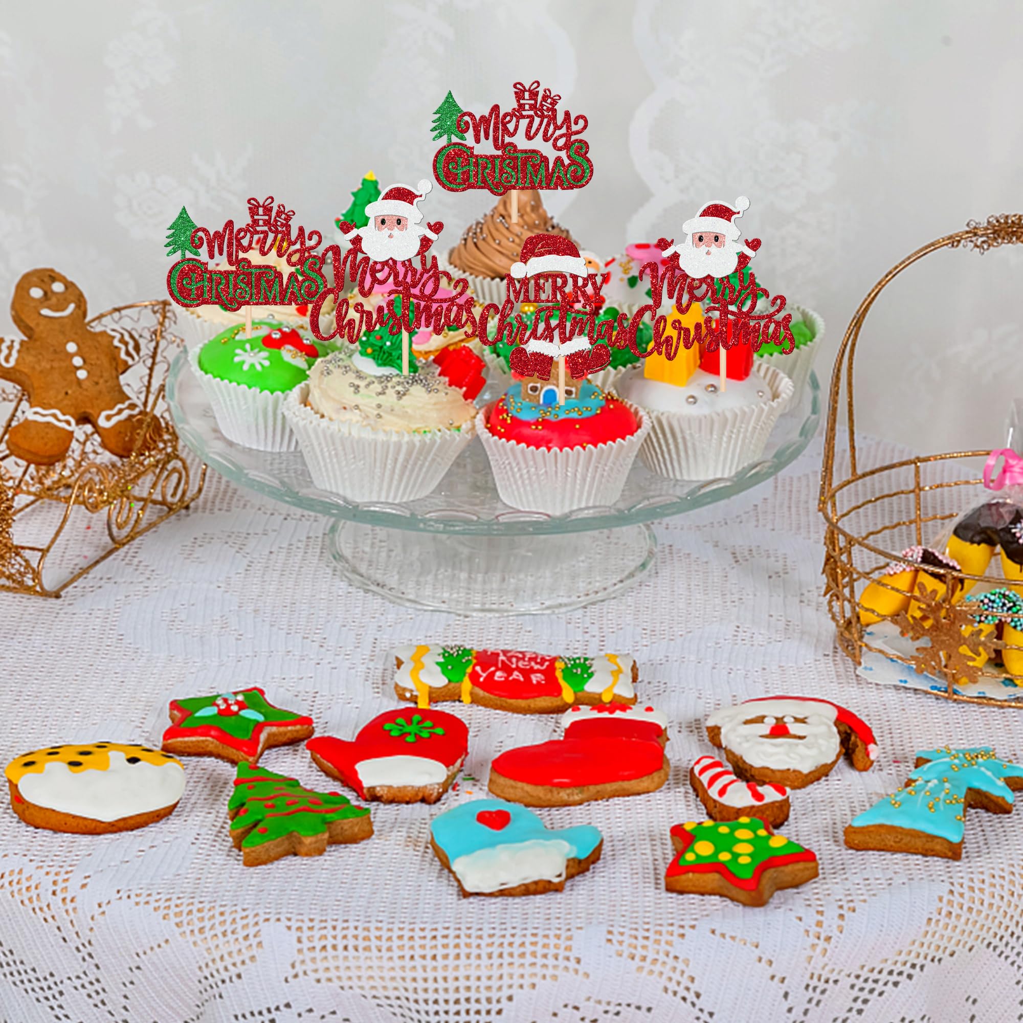 24 Stück Weihnachten Cupcake Topper - Glitzer, Schlitten, Weihnachtsmänner, Für Party Deko