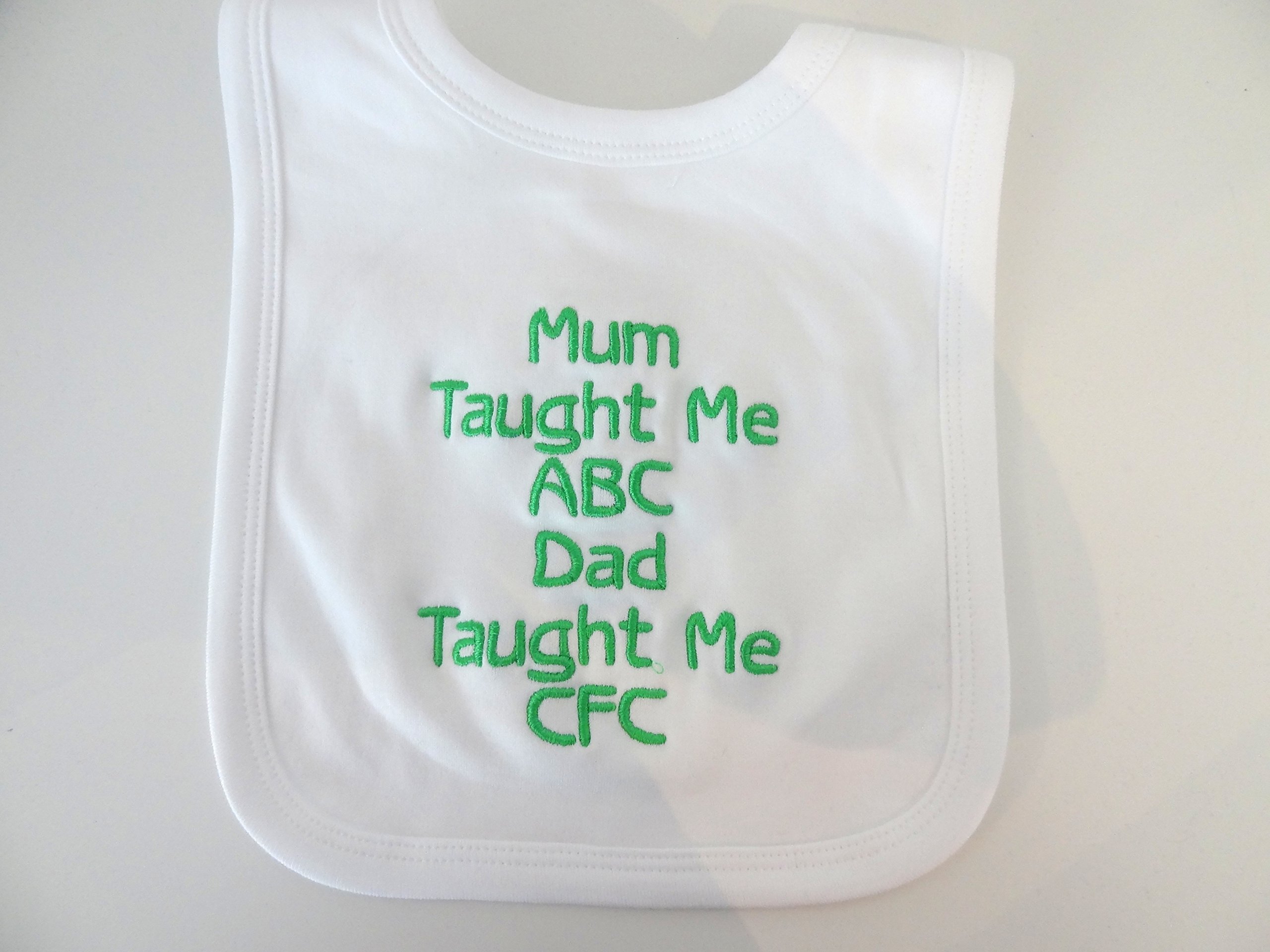 Charli Buttons White Personalised Bay Bib - Celtic - Fun Gift For Any Fan - Names Can Change If Required - Beautifully Embroidered - Next Dad Dispatch