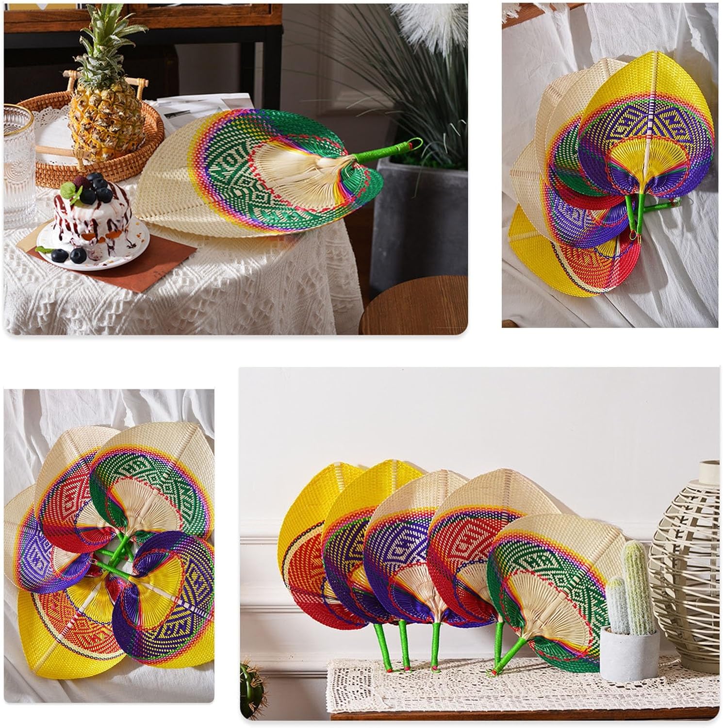 Woven Handmade Straw Fan Hand-Woven Handheld Fan Summer Hand Fan Natural Bamboo Hand Riffia Fans Handmade Weaving(B) image 2