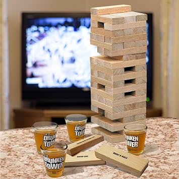 ICUP Party Tower Game, Wooden Stacking Blocks with 4 Mini Glasses and 60 Blocks, Adult Party Challenge for Game Nights and Gatherings