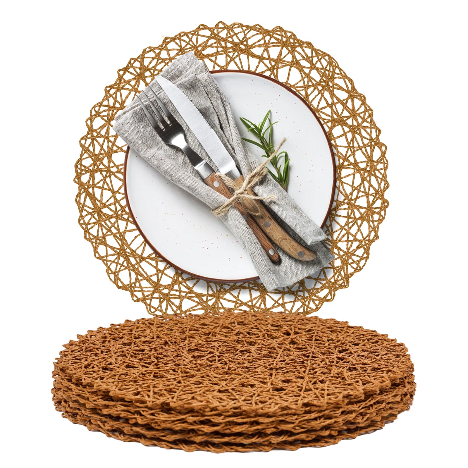 AHHFSMEI Paper Braided Round Placemats Set of 8 Natural Non-Slip Heat Resistant Table Mats for Dining Tables Woven Indoor & Outdoor Place mats(Brown,8