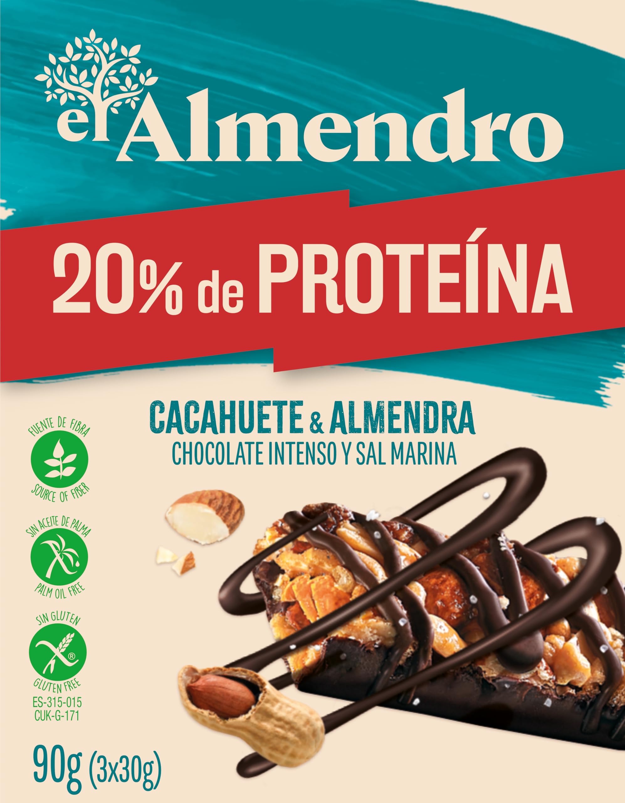 El Almendro, Barritas de Almendra, Cacahuetes y Chocolate, Barritas Energéticas, Barritas Proteicas, 3 porciones de 30 Gramos, 90 Gramos.