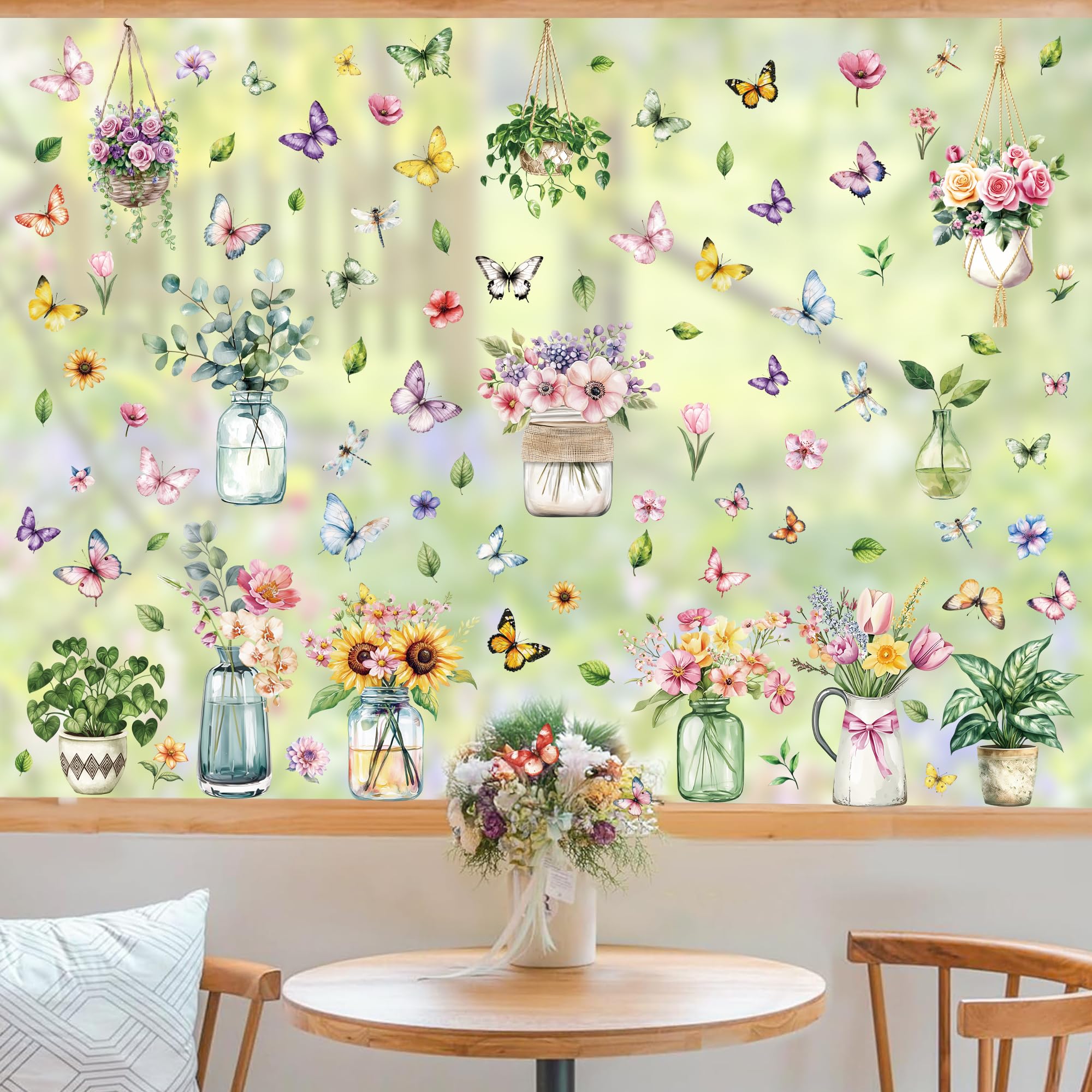 Moxled 9 Blatt Fensterbilder Frühling Blumen Selbstklebend - Fensterdeko Frühling Fenstersticker Topfpflanze Hängend Pflanzen Schmetterlinge Fensteraufkleber Wiederverwendbare für Kinderzimmer Deko