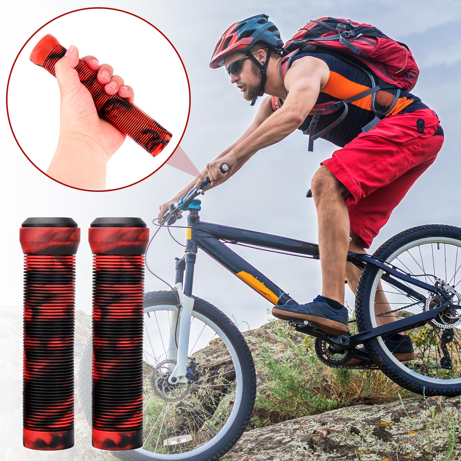 QitinDasen Poignées De Vélo Ergonomiques – Caoutchouc Antidérapant, Double Verrouillage Alu, 13,5 Cm, Pour VTT/BMX/route – Rouge