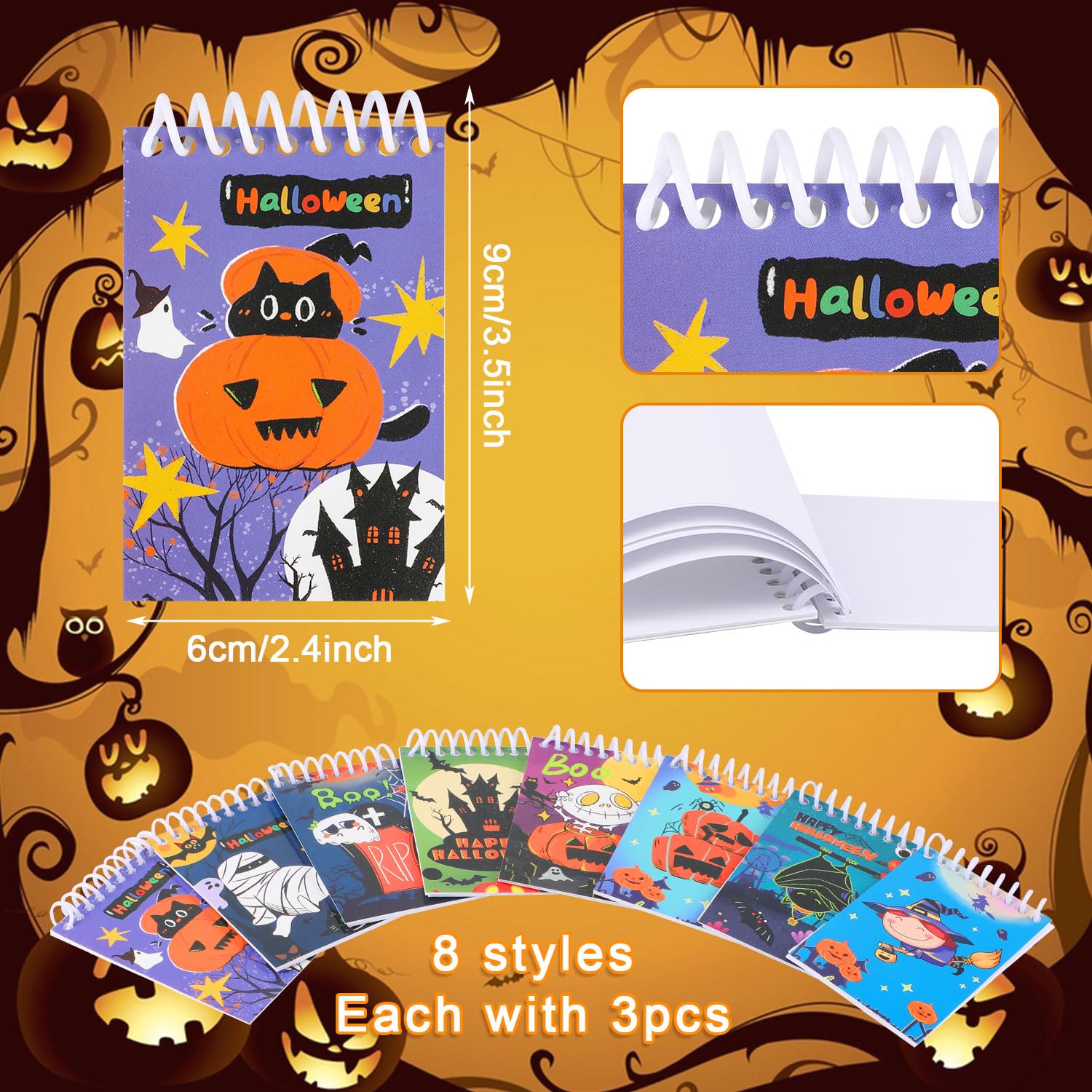 LOMIMOS Halloween-Notizblöcke, Spiralblock, Notizbuch, Mama, Kürbis, Skelett, Geist, Süßes oder Saures für Kinder, Schule, Klassenzimmer, Partygeschenke, 8 Designs, 24 Stück