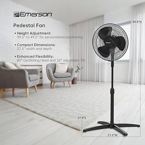 Miniatura 7 de Emerson FAO1605 Ventilador de pedestal oscilante portátil de 85.5 grados, 3 ajustes de velocidad con inclinación ajustable y altura ajustable de