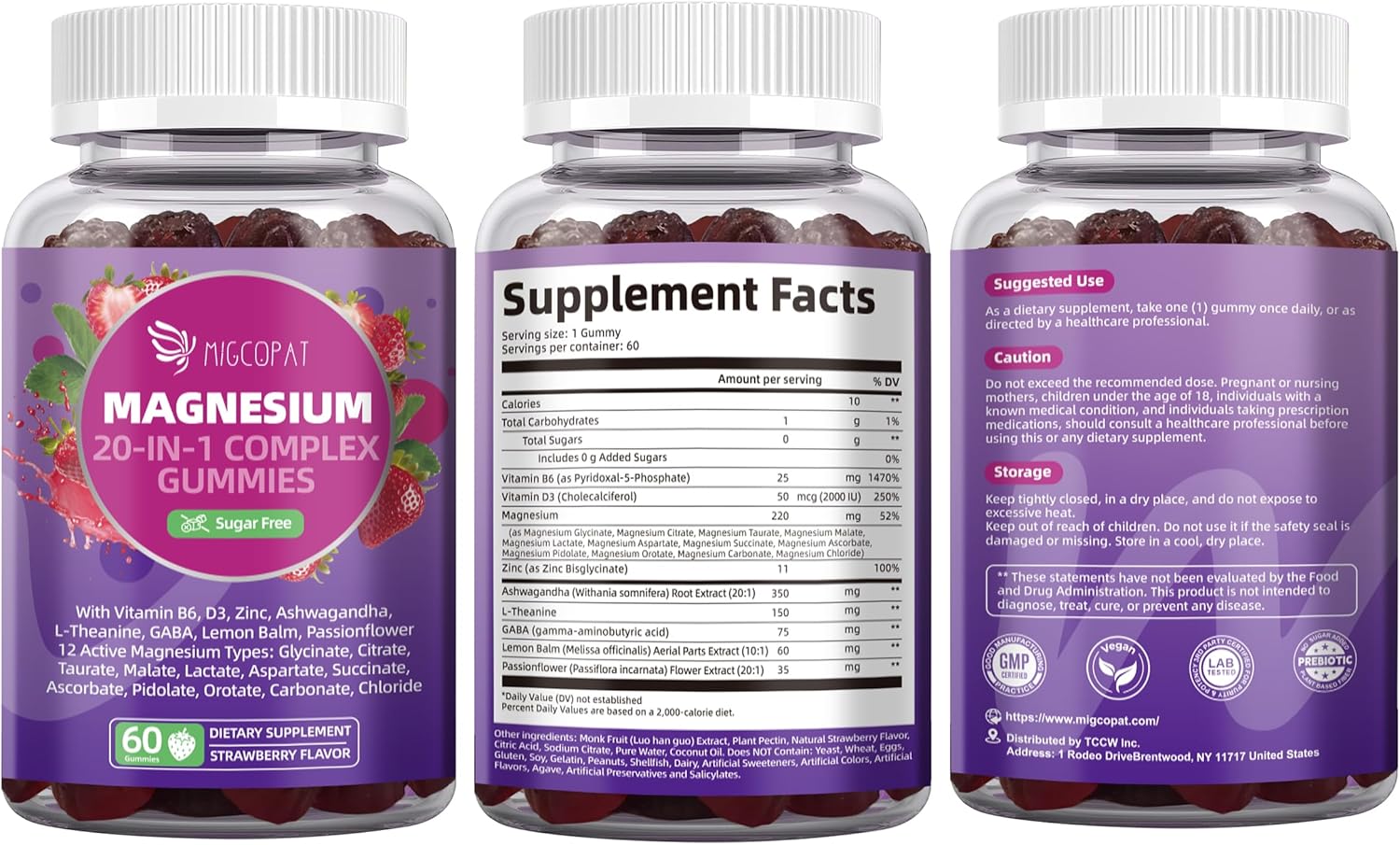 Magnesium Complex Gummies, 20 in 1 Magnesium Gummy with Glycinate Citrate Malate Taurate - Ashwagandha, L-Theanine, D3&Zinc for Relaxation, Sleep, Muscle&Heart Support, Strawberry, 60 Cts - Image 9