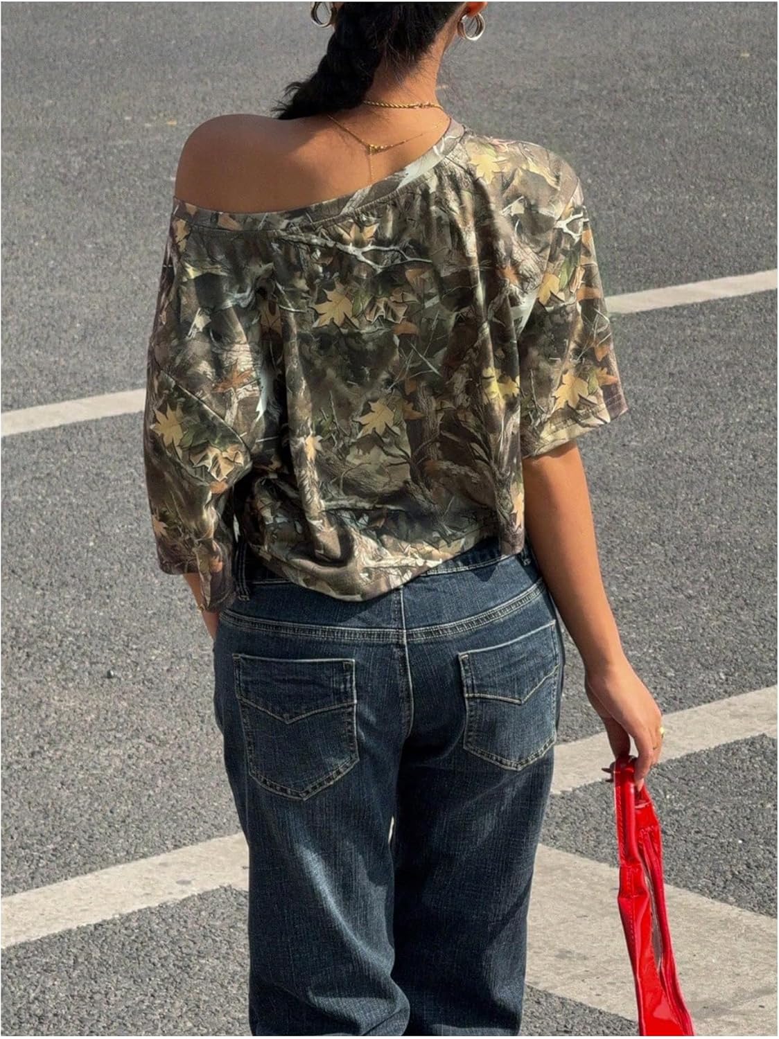 SOLY HUX Women's Y2k Camo T Shirt Off The Shoulder Half Sleeve Y2k Crop Tops Streetwear Summer T Shirt - Image 2