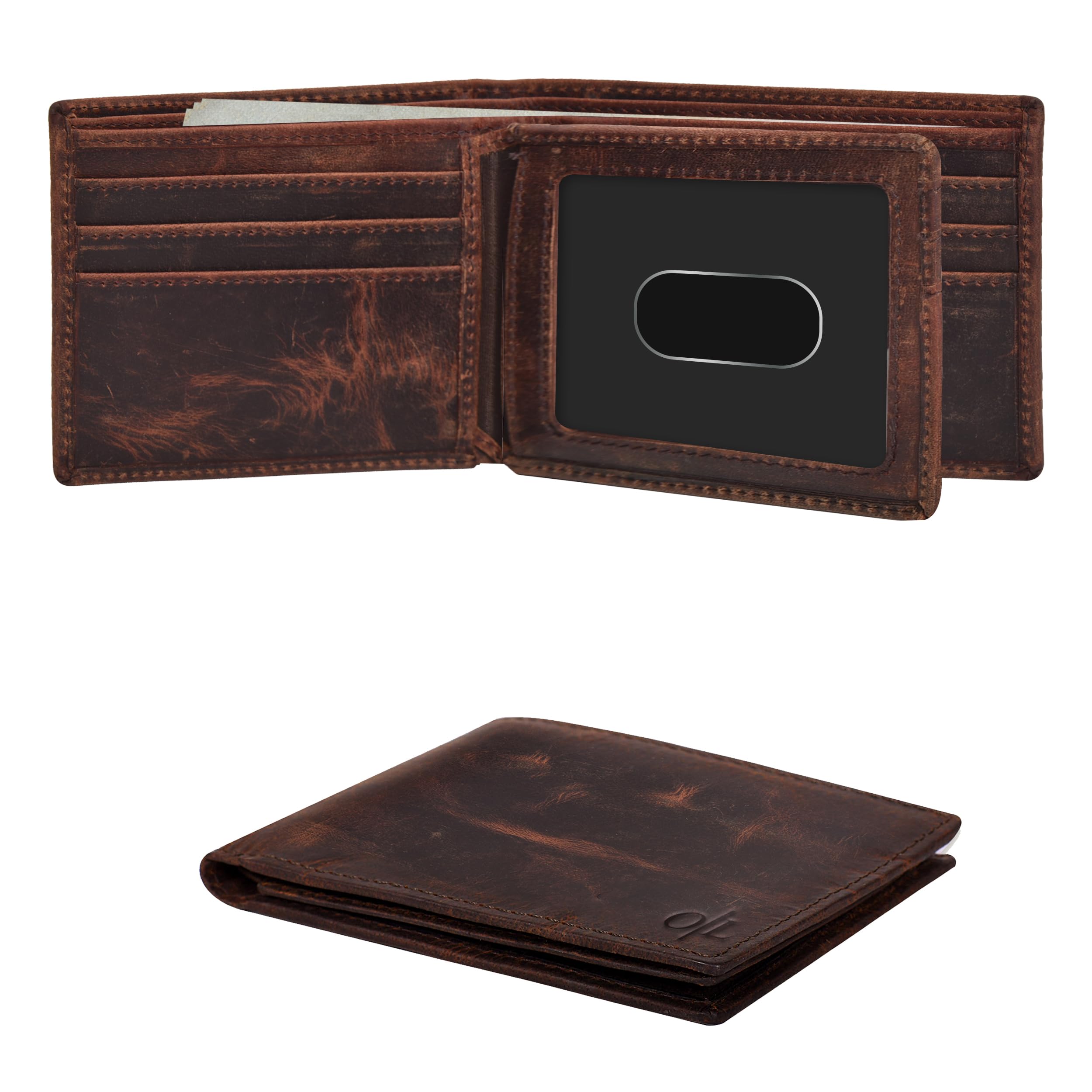 Oak LeathersLeather Wallet for Men - RFID Bifold Wallets with 9 Credit Cards 1 ID Window Slim Minimalist Front Pocket Gift For Men, Vintage Brown-No Box, Small, Wallet