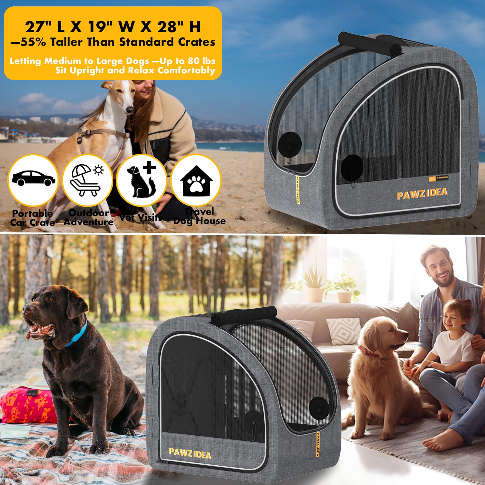 PAWZIDEA Tragbare Hundebox für Autoreisen, zusammenklappbare Haustier-Reiseboxen für mittelgroße und große Hunde, geschlossene weiche Seiten-Autohütte für den Rücksitz, sichert mit Sicherheitsgurt und