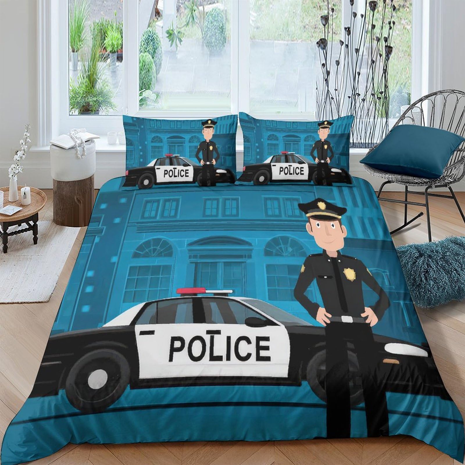 Ctjqhvkz Style-3 3D Printed Police Car Fitted Sheet Microfiber Anti-Slip Cartoon Policeman Bed Cover For Bedroom Dorm Mattress Protection Decor Single（135X200cm）