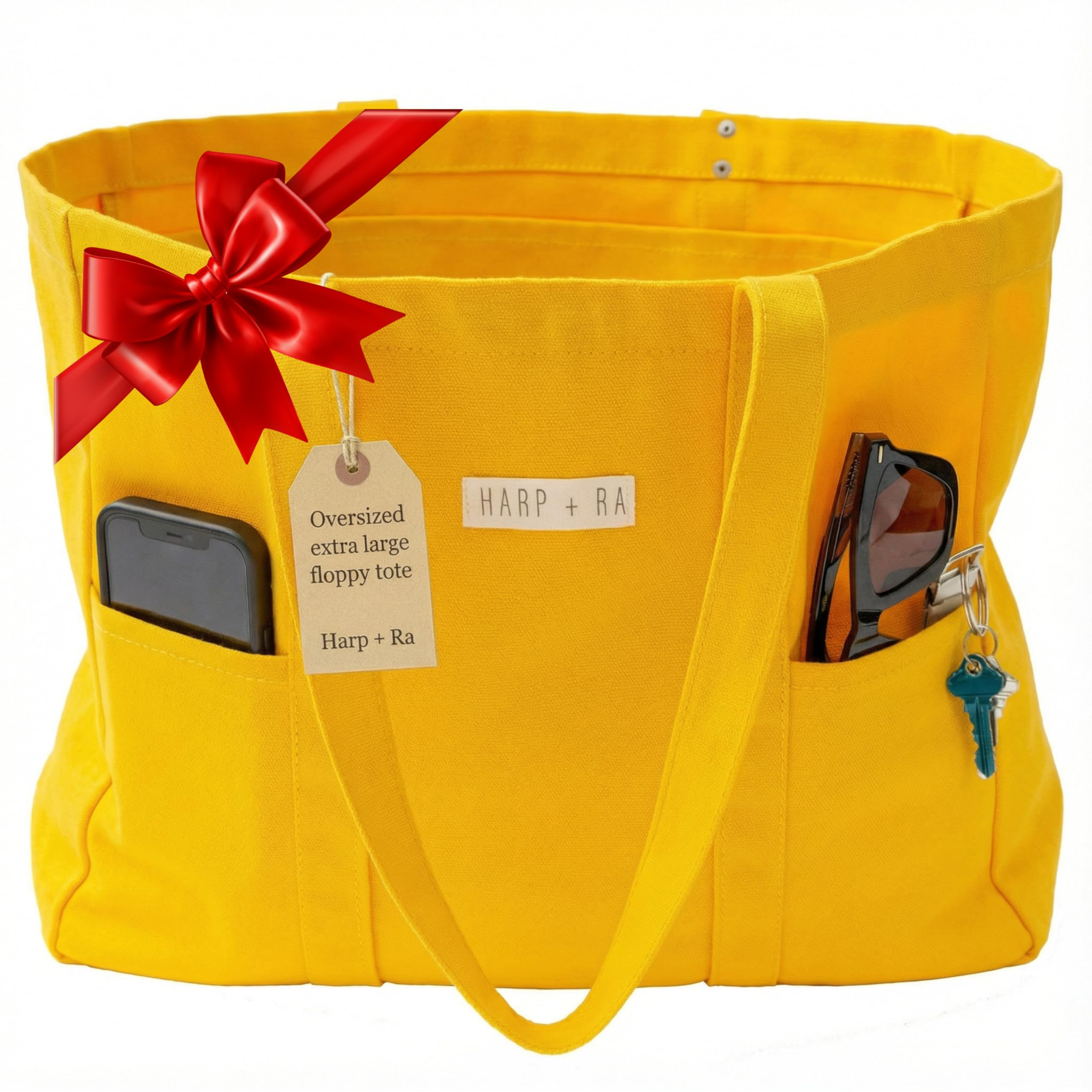 Harp + Ra Oversized Large Canvas Tote bag for Women - Open Top, Laptop Sleeve, Pockets - no zipper - Best gift for Women