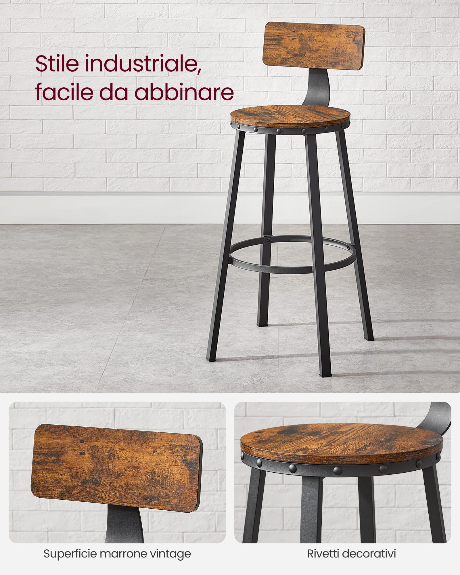 VASAGLE Set di 2 Sgabelli da Bar, Sedie da Cucina, con Schienale, Struttura in Acciaio, Altezza di Seduta di 73 cm, Montaggio Facile, Stile Industriale, Marrone Vintage e Nero LBC026B01V1