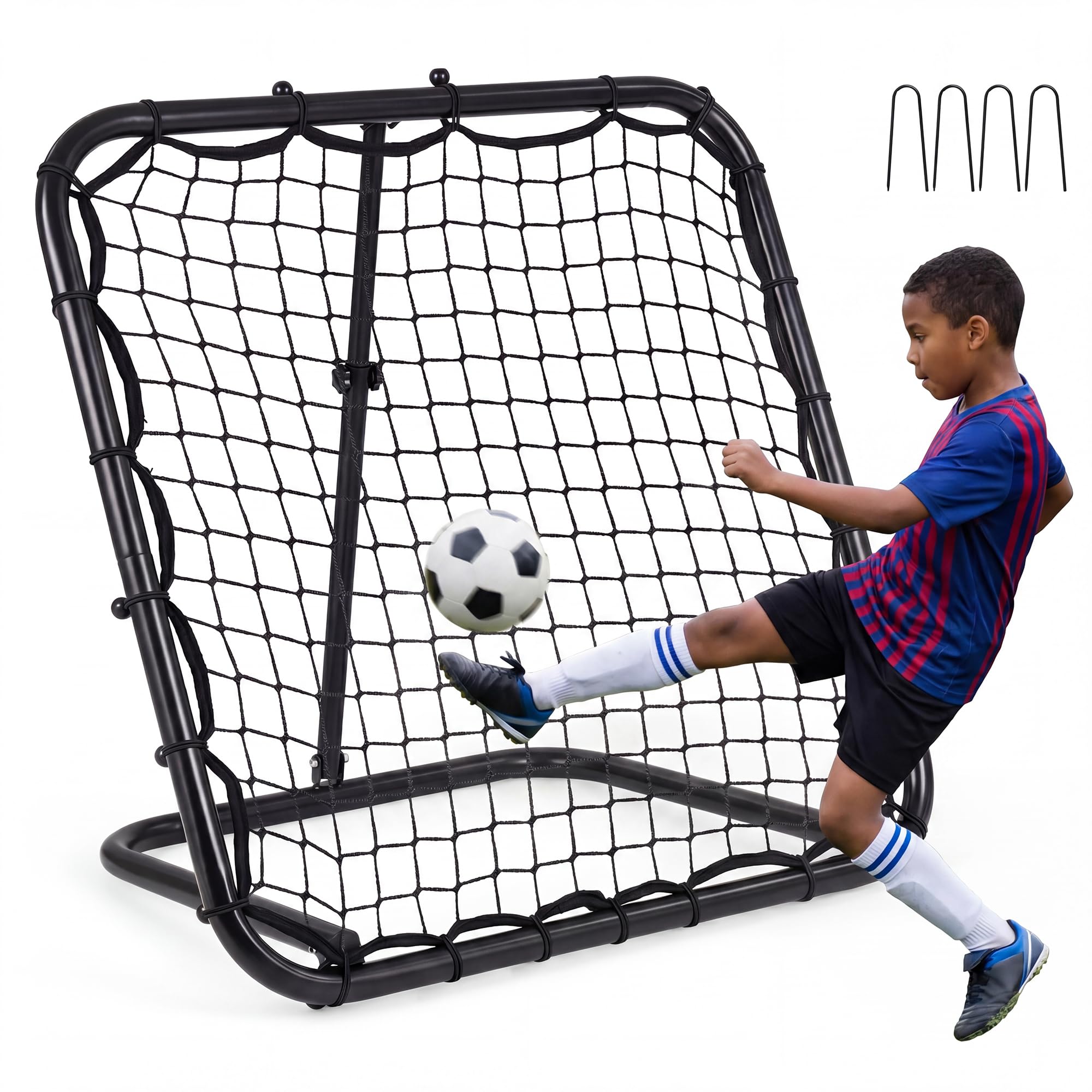COSTWAY Foldable Football Rebounder Net, Football Training Net with Metal Frame, Adjustable Soccer Target Goal for Kids to Practice, Play Games in Playground, Backyard (Black, Single-Sided)