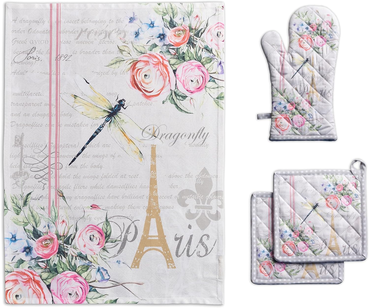 Maison d' Hermine Champ De Mars Bundle Set 100% Cotton Set of 2 Kitchen Towels (20 Inch by 27.5 Inch) Oven Mitt (7.5 Inch by 13 Inch and Set of 2 Pot Holders (8 Inch by 8 Inch)