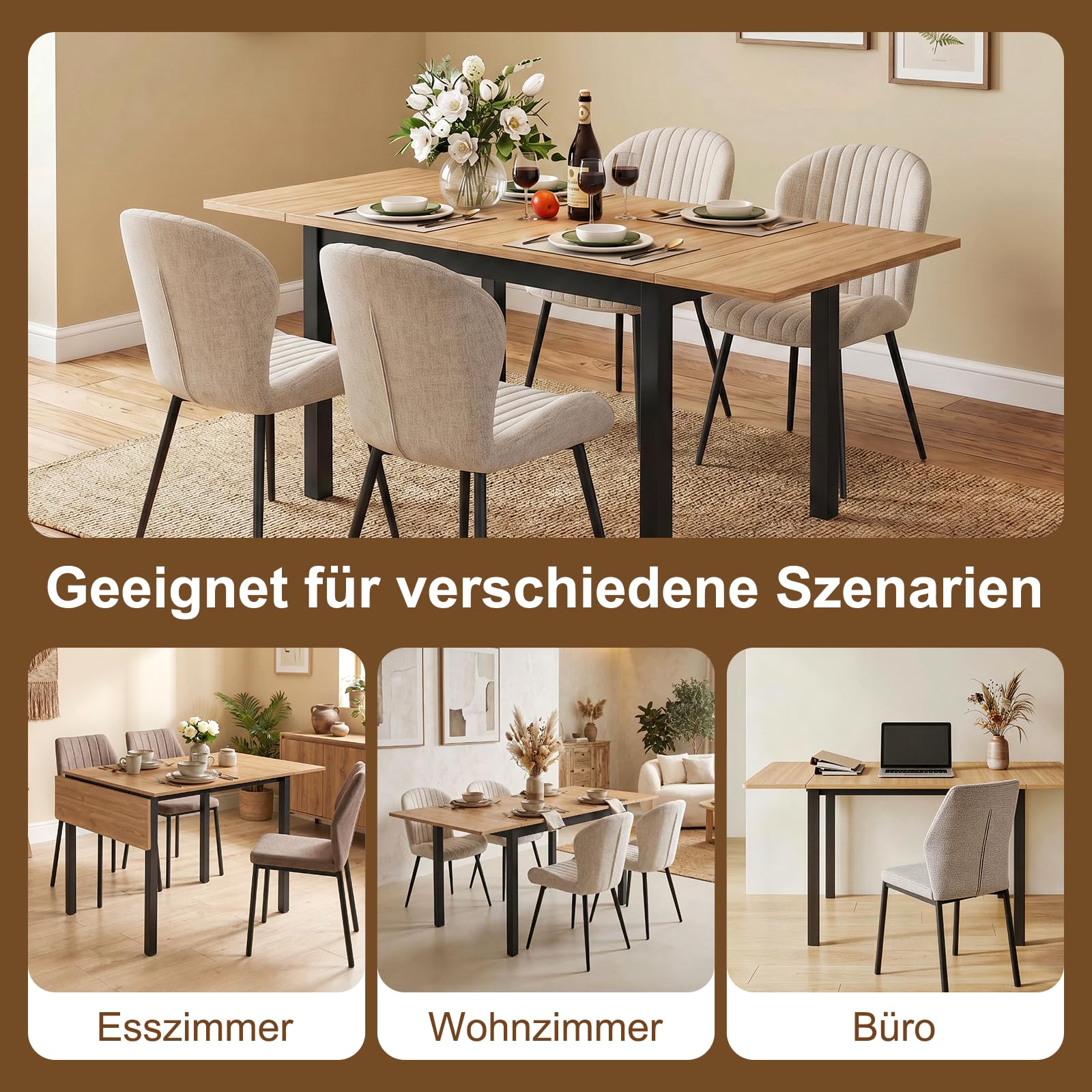 Esstisch, klappbarer Küchentisch für 2-4 Personen, Gartentisch Wetterfest, für kleine Räume, Helle Holzfarbe