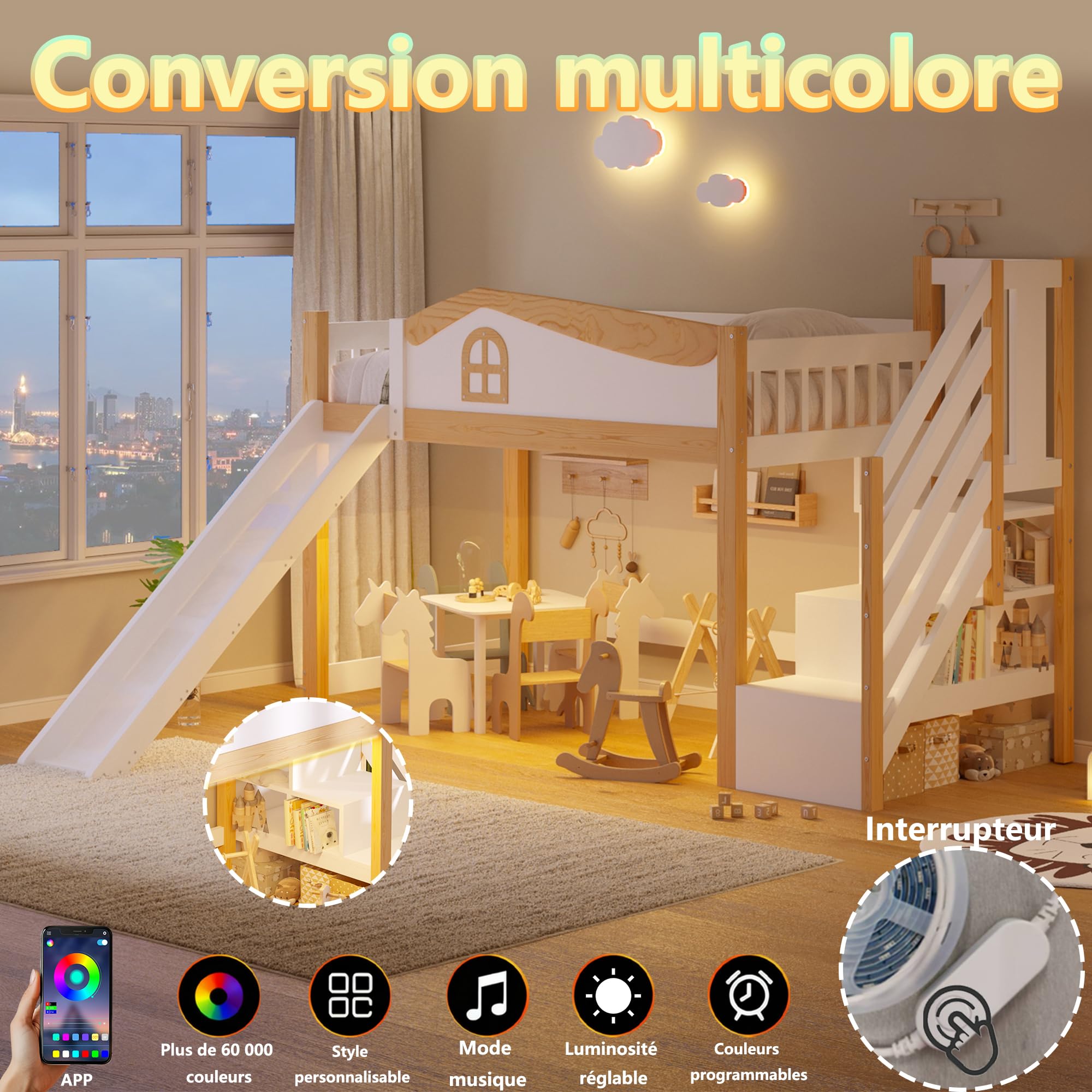 BTM Halbhohes Bett 90x200 Holz Hochbett mit Rutsche, Stauraum Treppe Kinderhochbett mit Rausfallschutz, Weiß + Natur