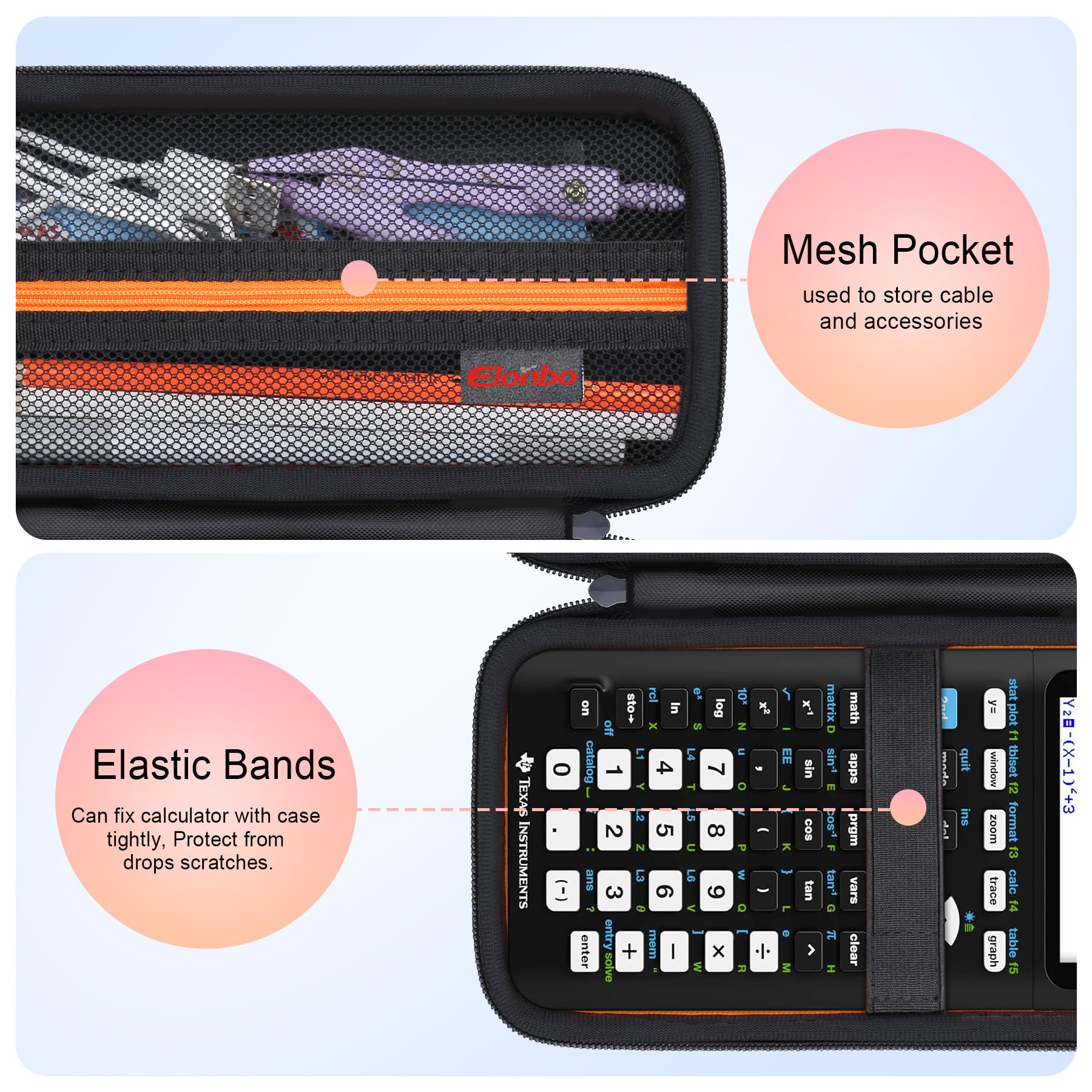 Elonbo Custodia per la calcolatrice grafica a colori Texas Instruments TI-84 Plus CE/TI-84 Plus/TI-83 Plus CE/Casio fx-9750GII, tasca extra in rete per cavo di ricarica, caricatore, manuale, nero
