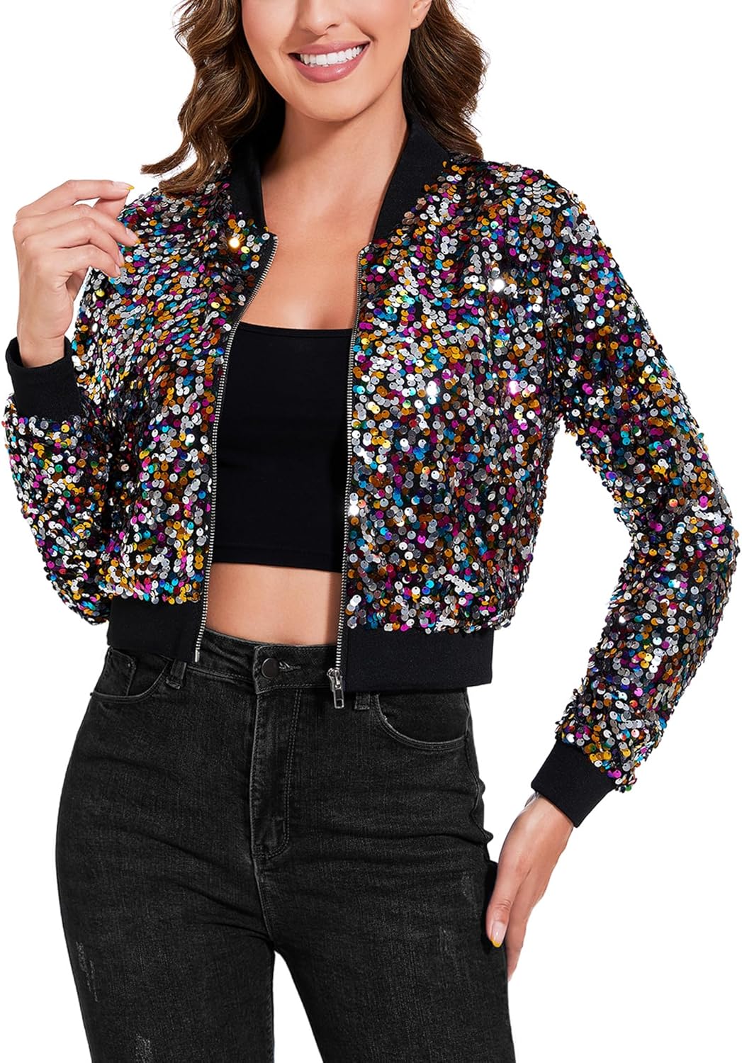 Anna-Kaci Women's Sparkly Sequin Cropped Jacket Long Sleeve Zipper Up Party Club Bomber Jacket
